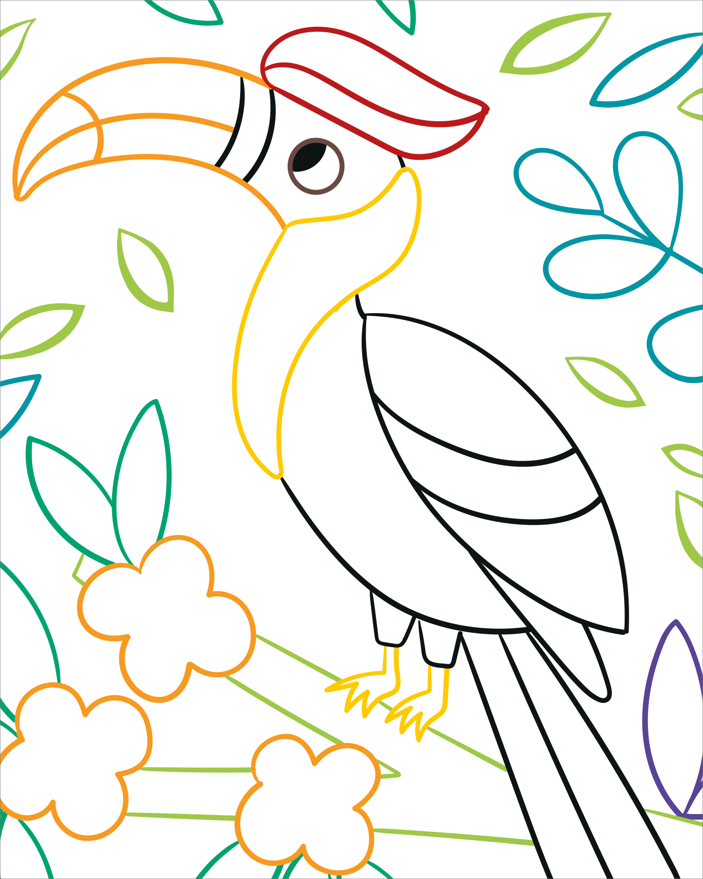 Gezeigt wird eine Innen- oder Zusatzansicht von „Zauberbilder Minis – Dschungel“. Die Darstellung zeigt einen bunten Nashornvogel mit einem kräftigen, orangefarbenen Schnabel und einem roten Hut. Umgeben ist er von abstrakten, bunten Pflanzenmotiven in Blau, Grün, Orange und Lila. Die klare Konturzeichnung ermöglicht eine einfache Farbgestaltung.