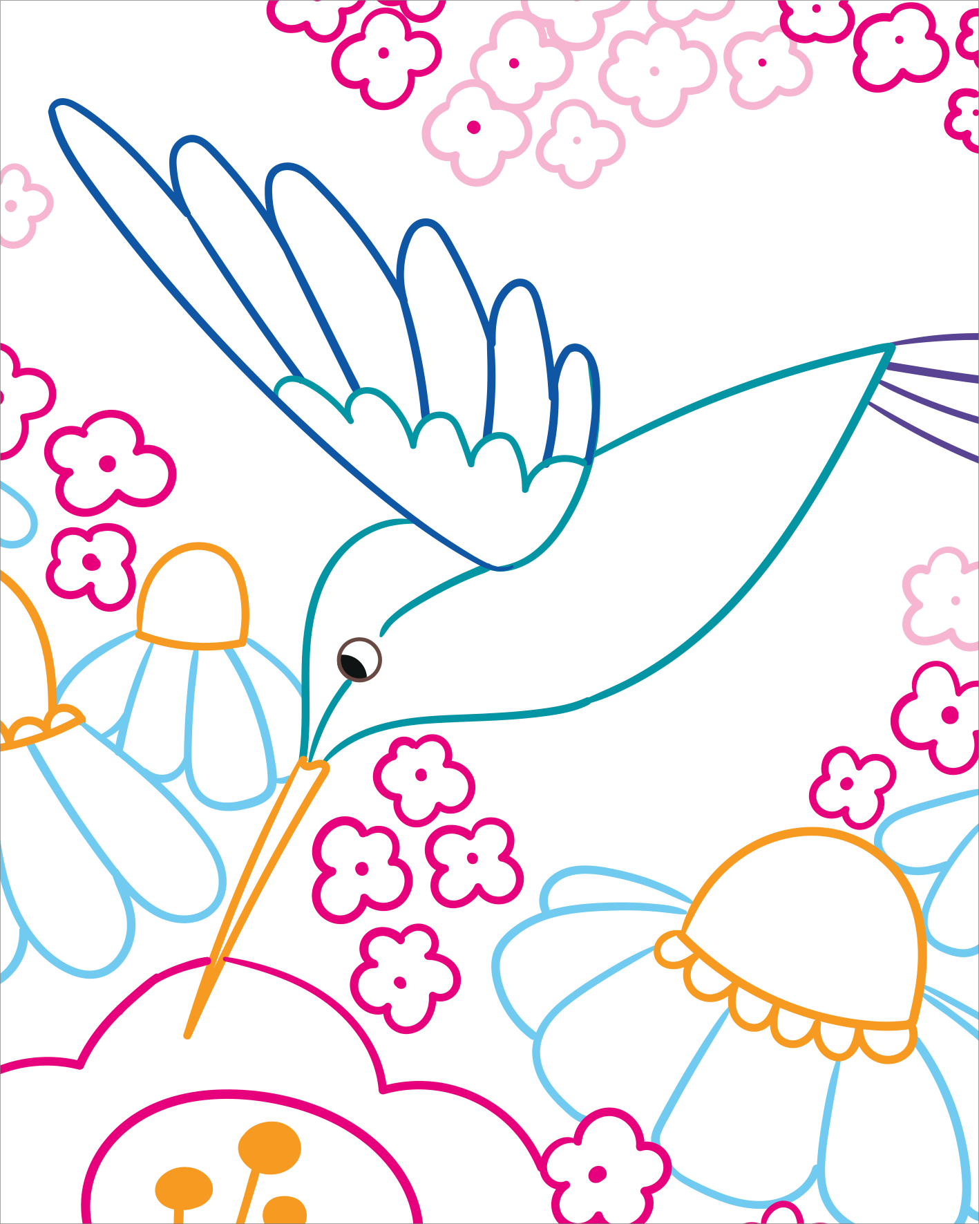 Gezeigt wird eine Innen- oder Zusatzansicht von „Zauberbilder – Dschungel“. Die Illustration zeigt einen Kolibri, der sich über bunte Blumen beugt. Die Blumen sind in sanften Pastellfarben gehalten, darunter Rosatöne und Hellblau. Klare, geschwungene Linien prägen die Komposition, während eine Vielzahl von Details in den Blütenblättern erkennbar ist.