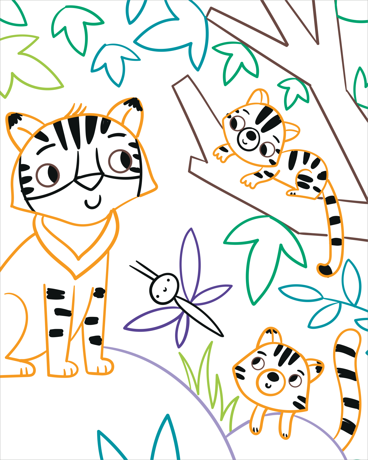 Gezeigt wird eine Innen- oder Zusatzansicht von „Zauberbilder – Dschungel“. Die Illustration zeigt einen freundlichen, orangefarbenen Tiger, umgeben von grünen Blättern und Bäumen. Zwei kleine Tiger befinden sich in den Ästen eines Baumes. Ein Schmetterling schwebt in der Mitte des Bildes. Die Farben sind klar und in sanften Tönen gehalten, während die Strichführung einfach und kindgerecht gestaltet ist. Ausschließlich die Konturen sind bunt.