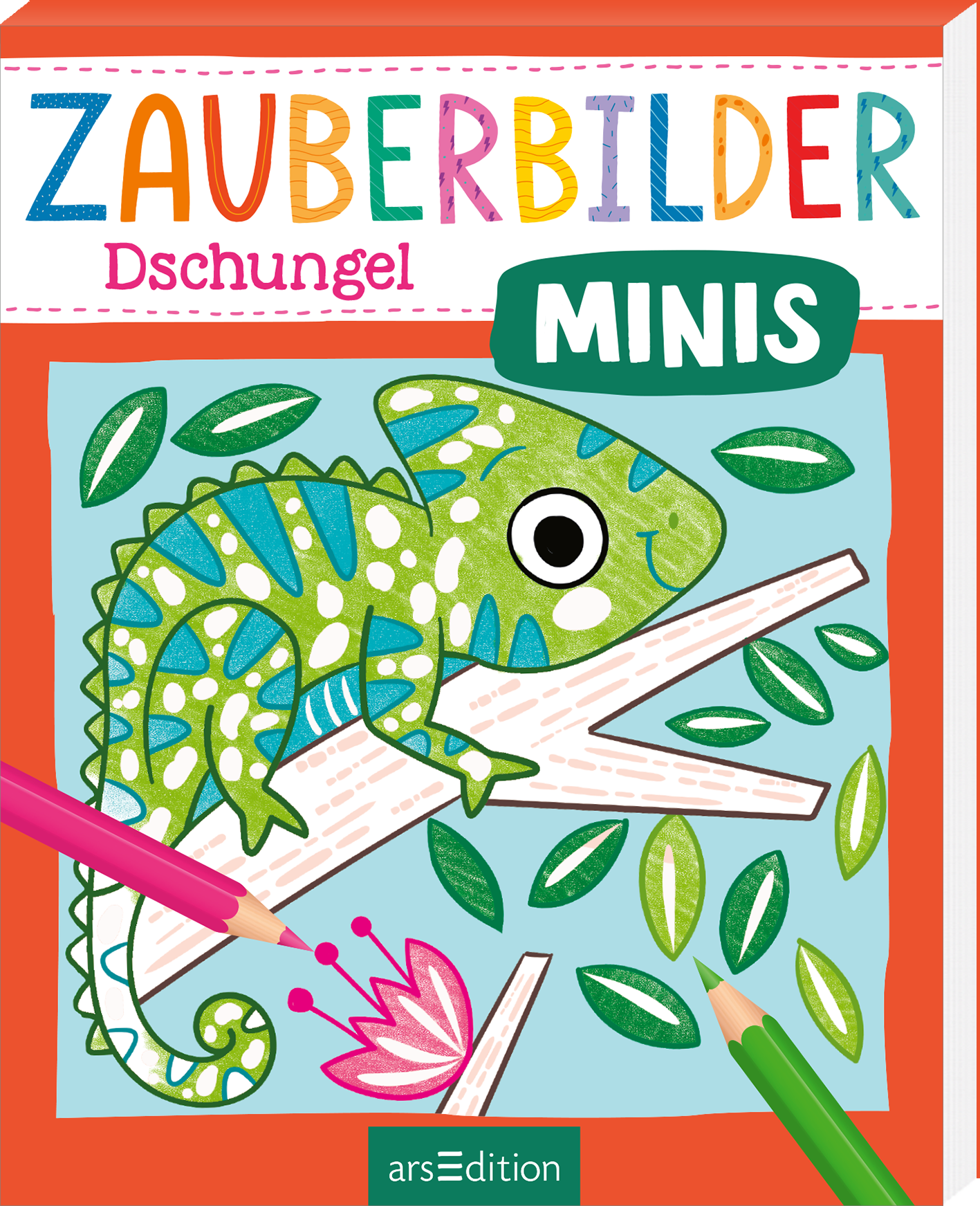 Zu sehen ist die 3D-Ansicht des Titels. Das Buchcover zeigt in einem bunten, kindgerechten Stil einen grünen Chamäleon, das auf einem Ast sitzt und von tropischen Blättern umgeben ist. Der Titel „ZAUBERBILDER Dschungel“ ist in lebhaften, farbigen Buchstaben oben abgebildet, während das Wort „MINIS“ in einem ovalen, türkisfarbenen Hintergrund hervorgehoben ist. Die Atmosphäre ist verspielt und einladend für Kinder. Ganz unten mittig steht der Logoschriftzug von arsEdition.