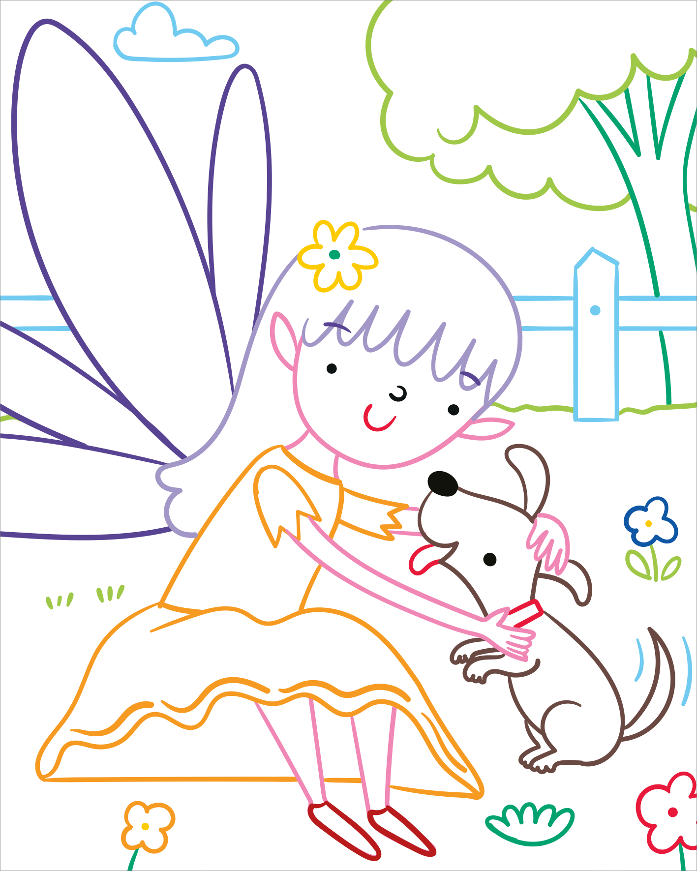 Gezeigt wird eine Innen- oder Zusatzansicht von „Zauberbilder Minis – Feenreich“. Die Illustration zeigt ein kindliches Mädchen mit langen, lila Haaren und großen, bunten Feenflügeln, das einen süßen kleinen Hund streichelt. Das Mädchen trägt ein leuchtend orangenes Kleid mit gewelltem Saum. Umgeben wird die Szene von bunten Blumen, einem Baum und einem blauen Gartenzaun.