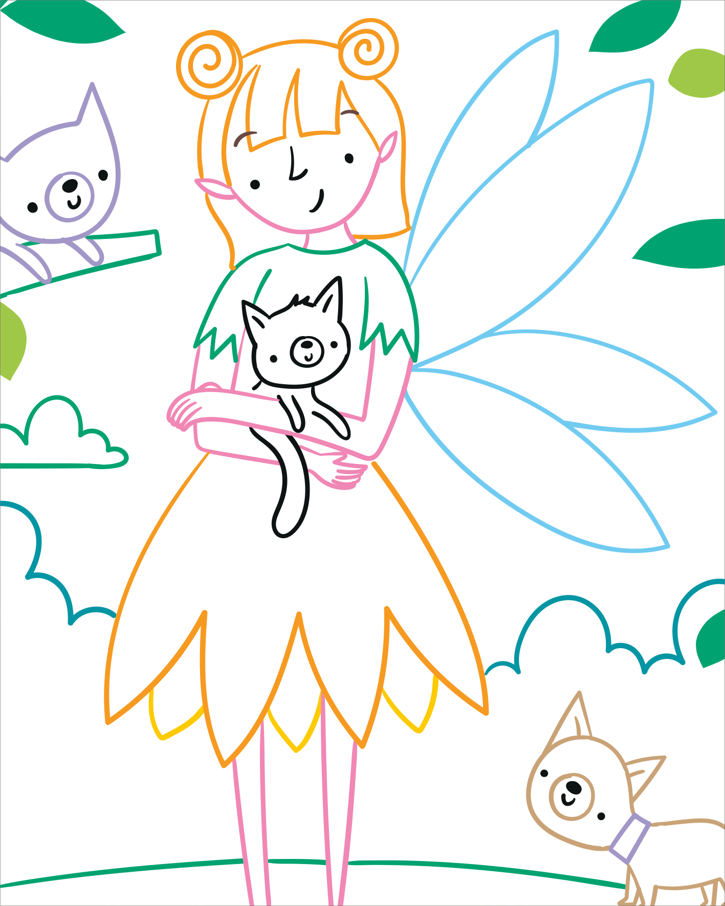 Gezeigt wird eine Innen- oder Zusatzansicht von „Zauberbilder Minis – Feenreich“. Die Illustration zeigt eine fröhliche Fee mit orangenen Haaren und einem grünen Oberteil, die eine süße Katze im Arm hält. Es sind noch zwei weitere Katzen zu sehen, die lächelnd zu den beiden sehen. Im Hintergrund sind Büsche und Blätter zu sehen.
