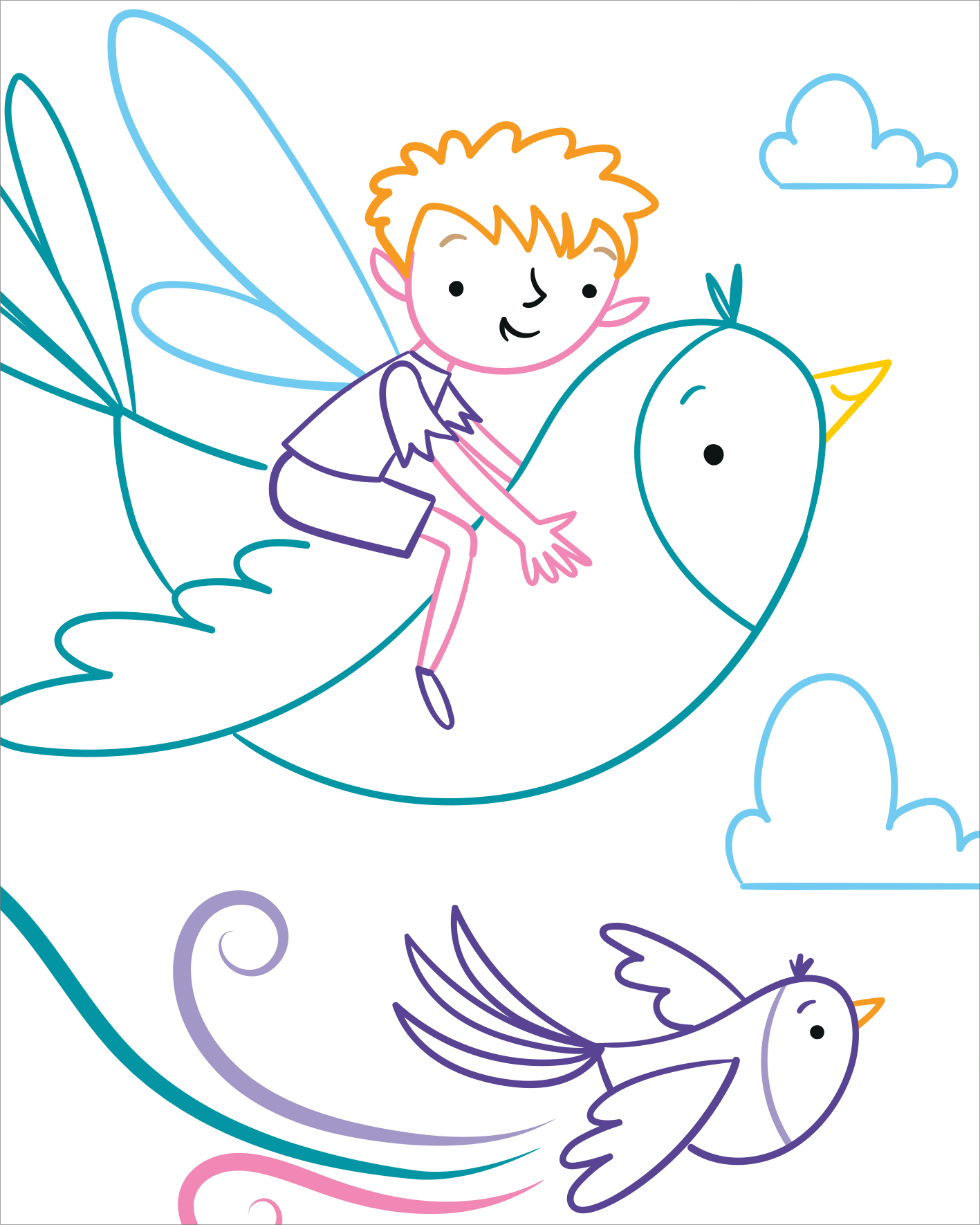 Gezeigt wird eine Innen- oder Zusatzansicht von „Zauberbilder Minis – Feenreich“. Die Illustration zeigt einen fröhlichen Jungen mit roten Haaren, der auf einem großen, stilisierten Vogel sitzt. Nur die Konturen der Illustrationen sind farbig. Unten fliegt ein weiterer kleiner Vogel, der mit aufwendigen, geschwungenen Linien umgeben ist. Die Gesamtanordnung ist verspielt und harmonisch, was die Fantasiewelt unterstreicht.