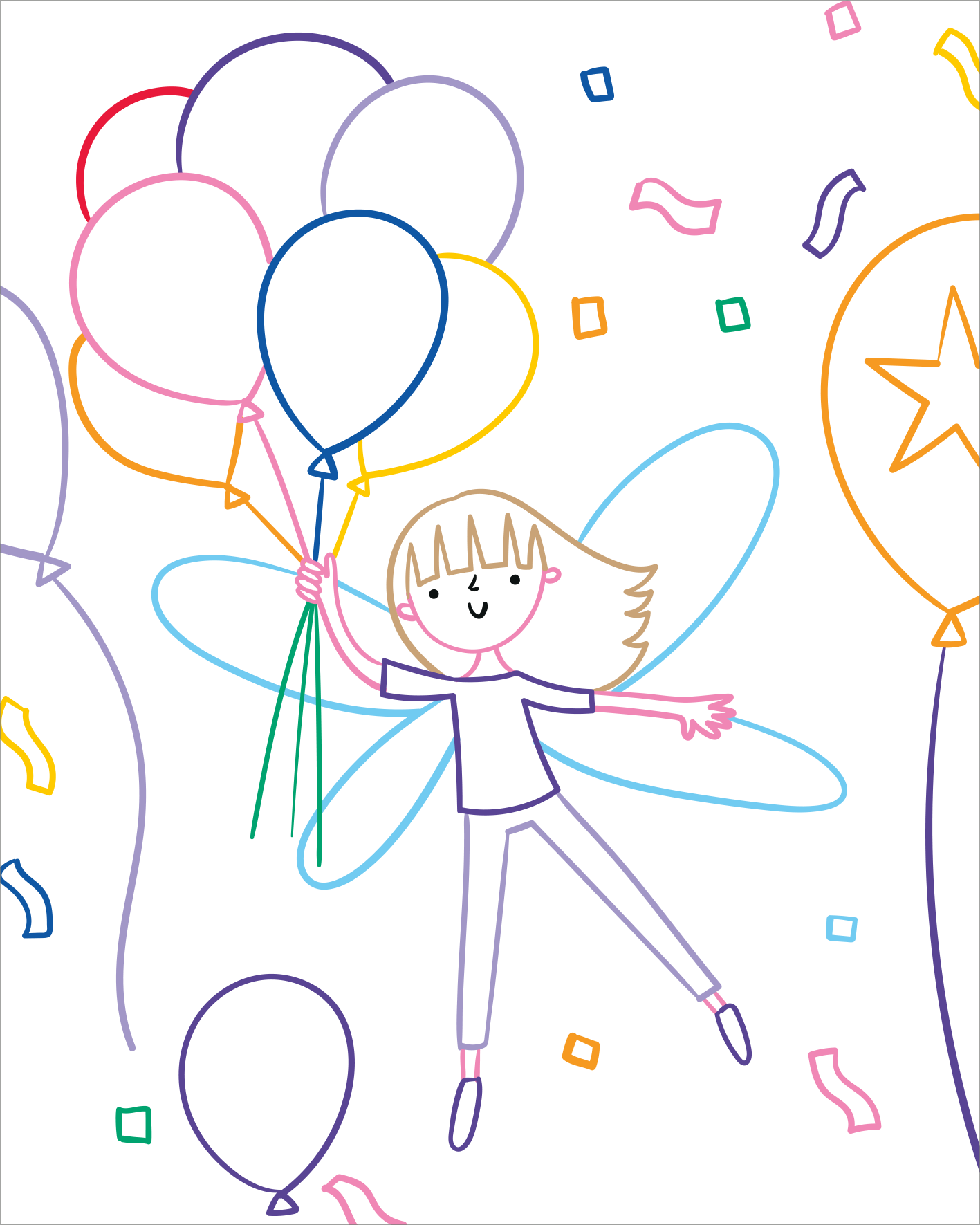 Gezeigt wird eine Innen- oder Zusatzansicht von „Zauberbilder Minis – Feenreich“. Die Illustration zeigt eine junge Fee, die in einer Hand ganz viele Luftballons hält, welche sie in die Luft ziehen. Die Farben sind leuchtend, vorwiegend in Rosa, Blau, Gelb und Grün. Um das Wesen herum schweben geometrische Formen und Konfetti.