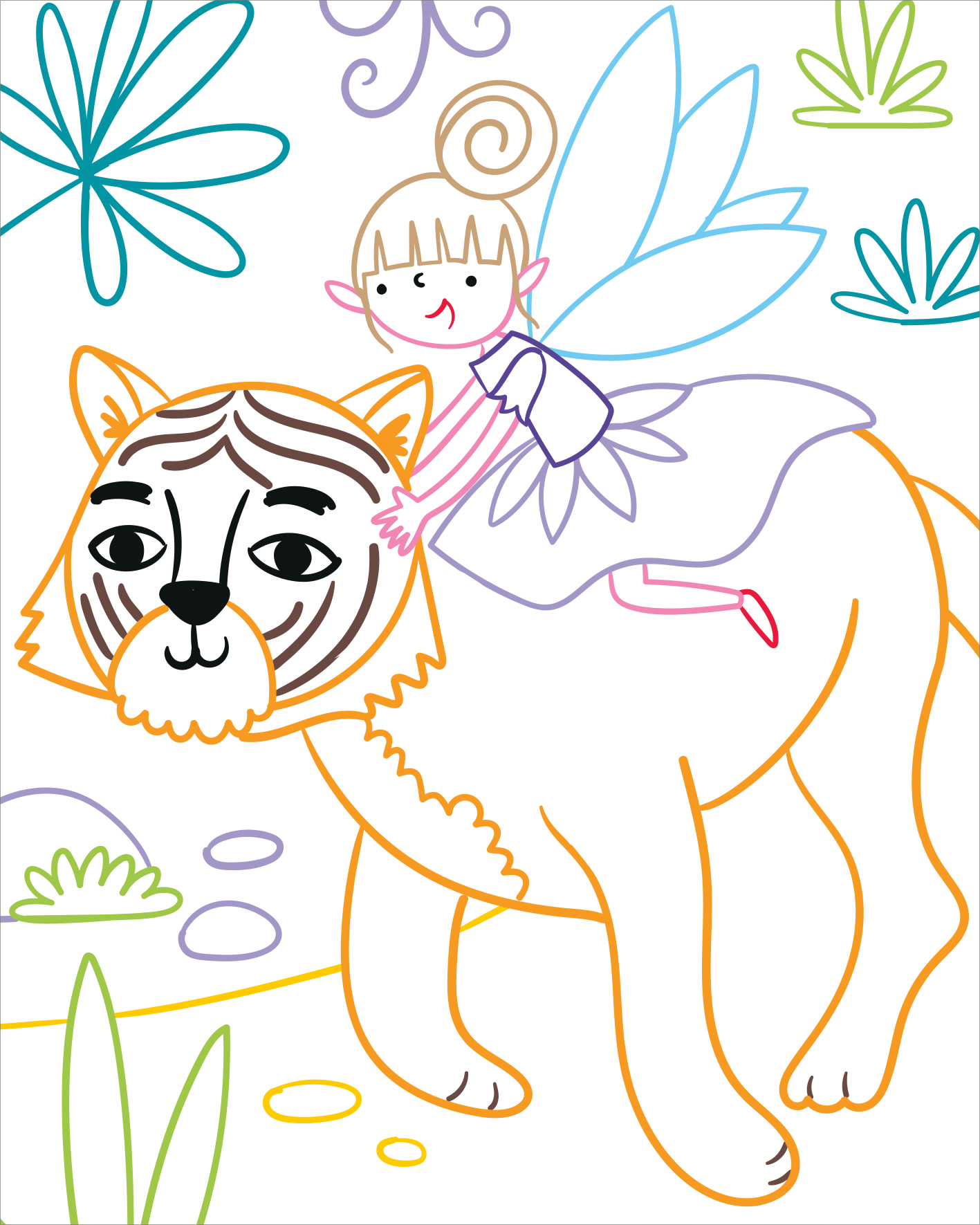 Gezeigt wird eine Innen- oder Zusatzansicht von „Zauberbilder Minis – Feenreich“. Die Illustration zeigt ein farbenfrohes, fantasievolles Szenario mit einer kleinen Fee, die auf dem Rücken eines stilisierten Tigers sitzt. Die Fee trägt ein lila Kleid und hat blaue Flügel, während der Tiger mit ausgeprägten Gesichtszügen in warmen Erdtönen dargestellt ist. Umgebende Elemente wie große, grüne Blätter und Steine in sanften Pastellfarben verleihen der Szene Lebendigkeit und...