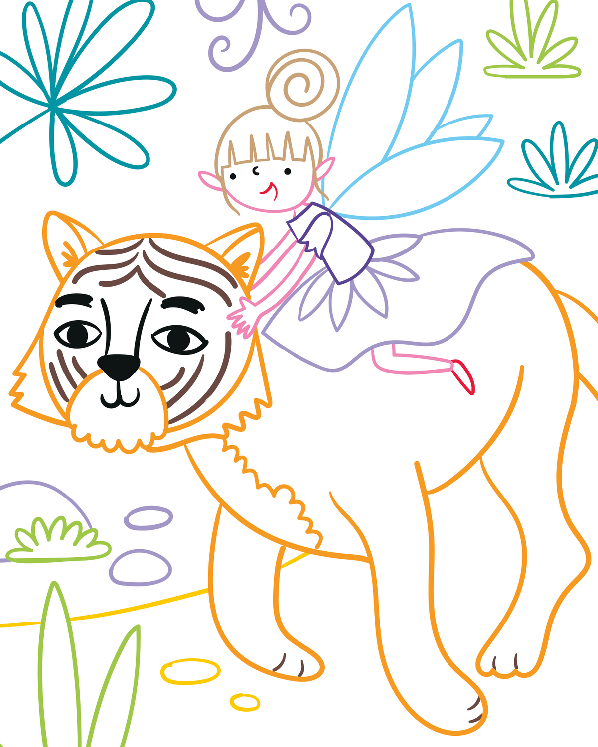 Gezeigt wird eine Innen- oder Zusatzansicht von „Zauberbilder Minis – Feenreich“. Die Illustration zeigt ein farbenfrohes, fantasievolles Szenario mit einer kleinen Fee, die auf dem Rücken eines stilisierten Tigers sitzt. Die Fee trägt ein lila Kleid und hat blaue Flügel, während der Tiger mit ausgeprägten Gesichtszügen in warmen Erdtönen dargestellt ist. Umgebende Elemente wie große, grüne Blätter und Steine in sanften Pastellfarben verleihen der Szene Lebendigkeit und...