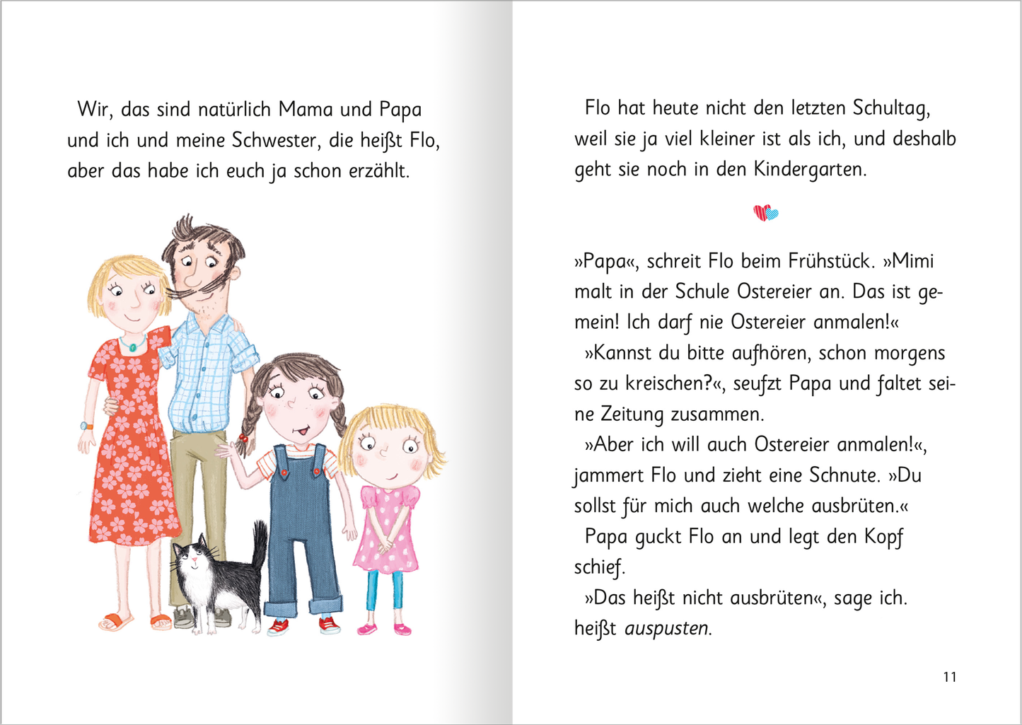 Gezeigt wird eine Innen- oder Zusatzansicht von „Ziemlich beste Schwestern – Volle Kanne Urlaub“. Auf der linken Seite ist eine Familie mit Katze zu sehen. Die Farben sind lebhaft und fröhlich. Der Text ist in einer gut lesbaren, klaren Schriftart gehalten.