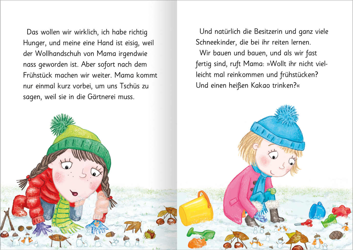 Gezeigt wird eine Innen- oder Zusatzansicht von „Ziemlich beste Schwestern – Mit Karacho in den Winter“. Die Doppelseite zeigt zwei Mädchen, die im Schnee spielen. Der Text ist in einer gut lesbaren, klaren Schriftart gehalten.