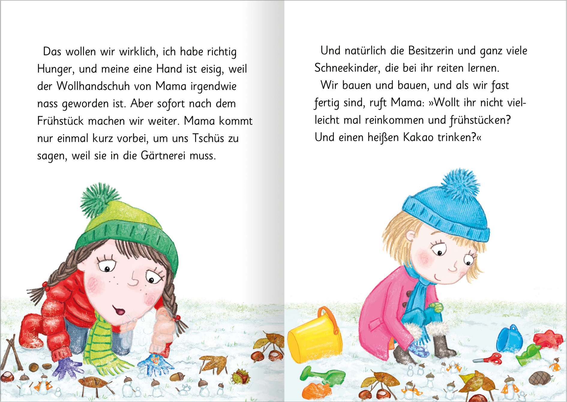 Gezeigt wird eine Innen- oder Zusatzansicht von „Ziemlich beste Schwestern – Mit Karacho in den Winter“. Die Doppelseite zeigt zwei Mädchen, die im Schnee spielen. Der Text ist in einer gut lesbaren, klaren Schriftart gehalten.