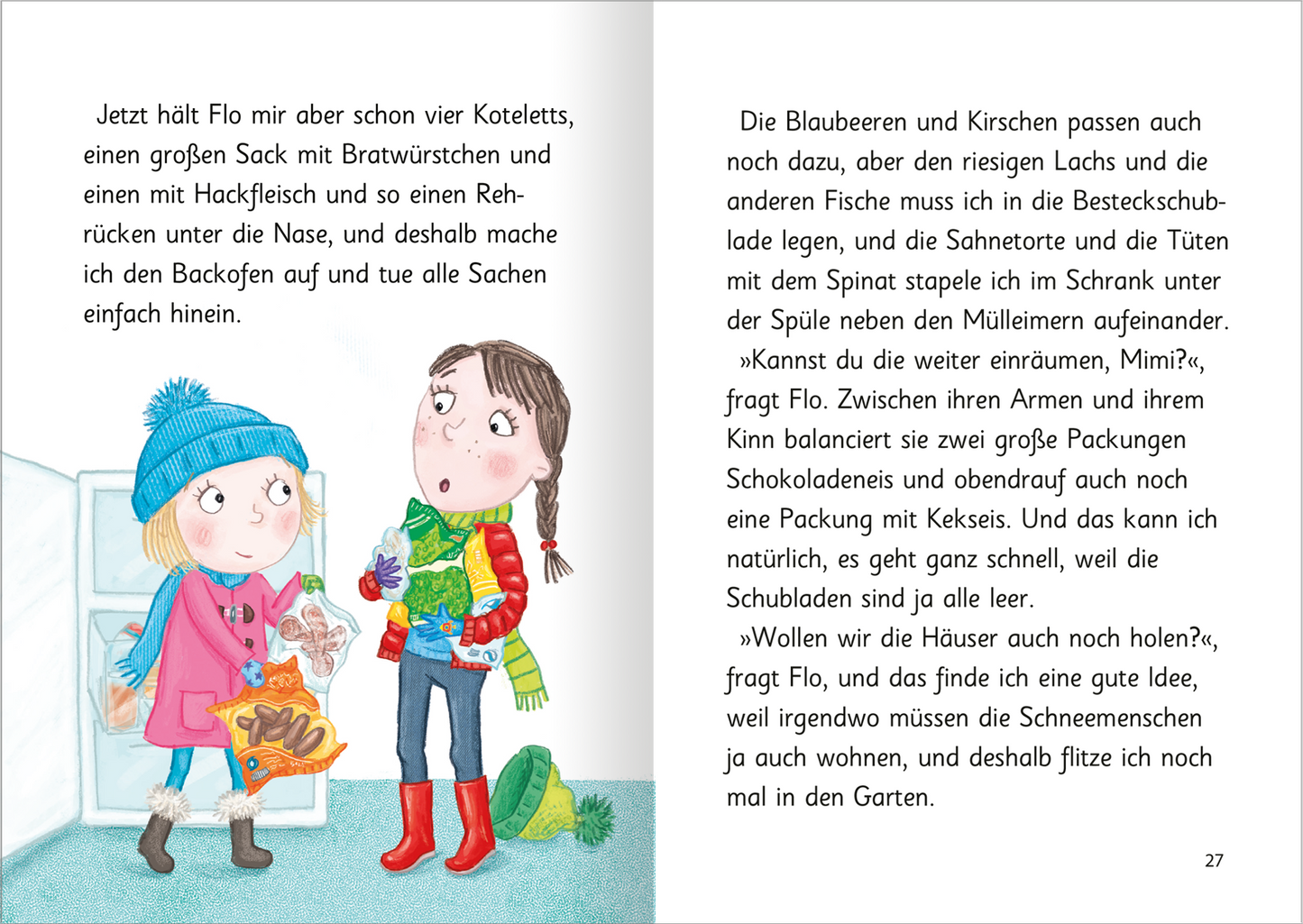 Gezeigt wird eine Innen- oder Zusatzansicht von „Ziemlich beste Schwestern – Mit Karacho in den Winter“. Die Illustration zeigt zwei Mädchen, die Lebensmittel aus einem Kühlschrank räumen. Die Farben sind kräftig und fröhlich. Der Text ist in einer gut lesbaren, klaren Schriftart gehalten.