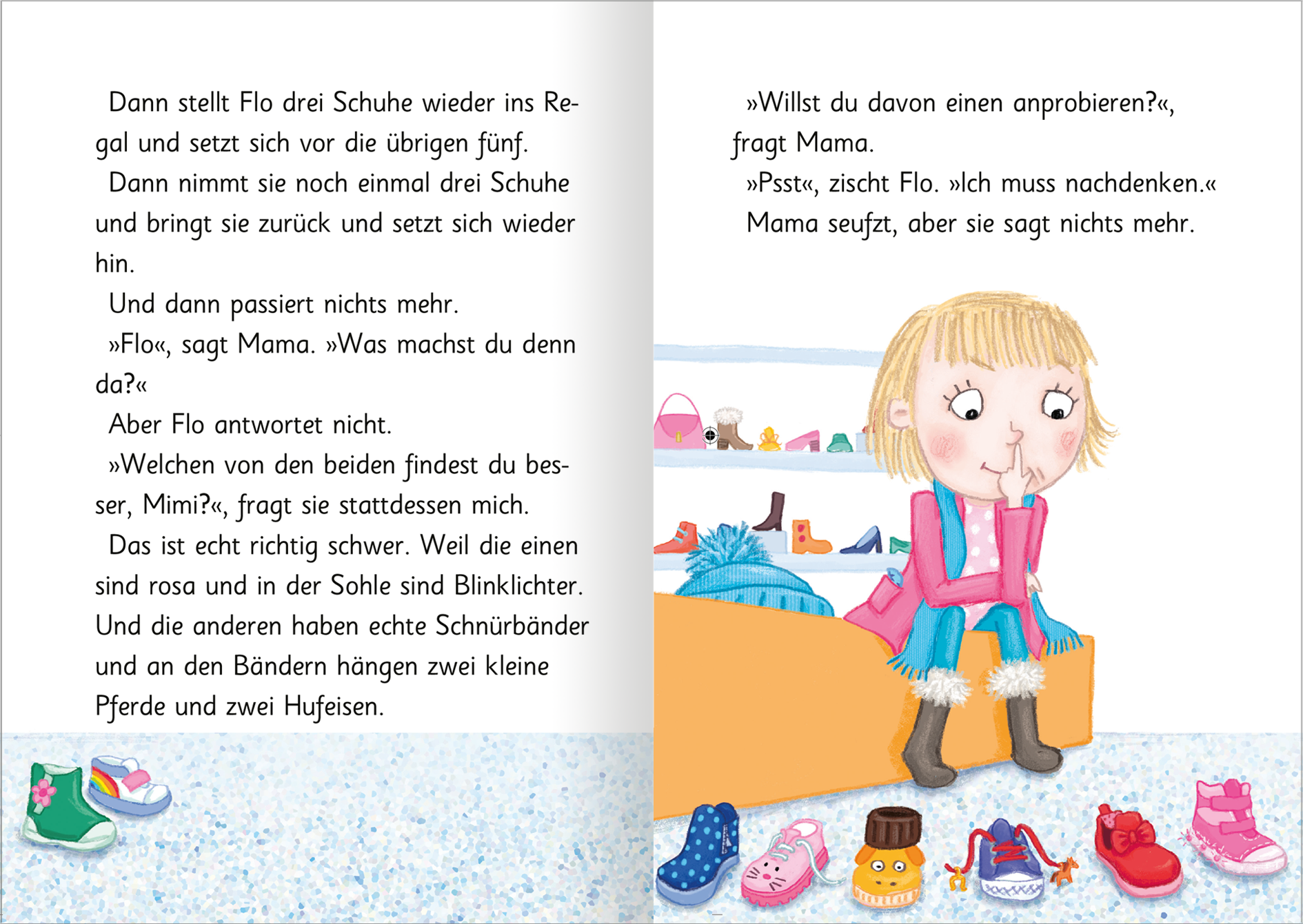 Gezeigt wird eine Innen- oder Zusatzansicht von „Ziemlich beste Schwestern – Mit Karacho in den Winter“. In der Mitte sitzt ein Mädchen mit blonden Haaren, das nachdenklich eine bunte Schuhauswahl betrachtet. Ihre Kleidung ist farbenfroh. Der Hintergrund ist hell und freundlich. Der Text ist in einer gut lesbaren, klaren Schriftart gehalten.