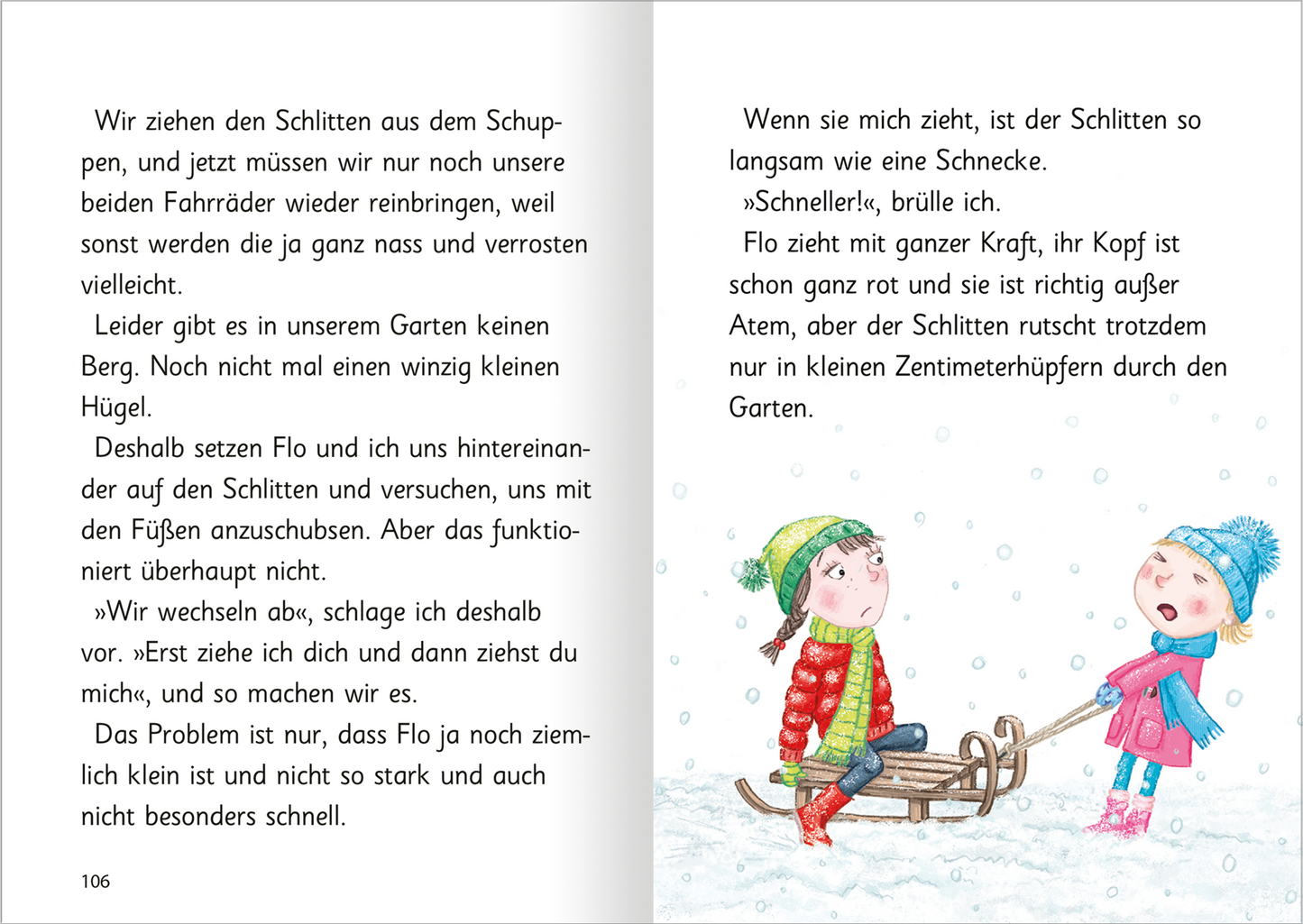 Gezeigt wird eine Innen- oder Zusatzansicht von „Ziemlich beste Schwestern – Mit Karacho in den Winter“. Die Seite zeigt zwei Mädchen im Winter. Die Farbpalette ist frisch und lebhaft, dominiert von kühlen Wintertönen in Blau und Weiß. Der Text ist in einer gut lesbaren, klaren Schriftart gehalten.