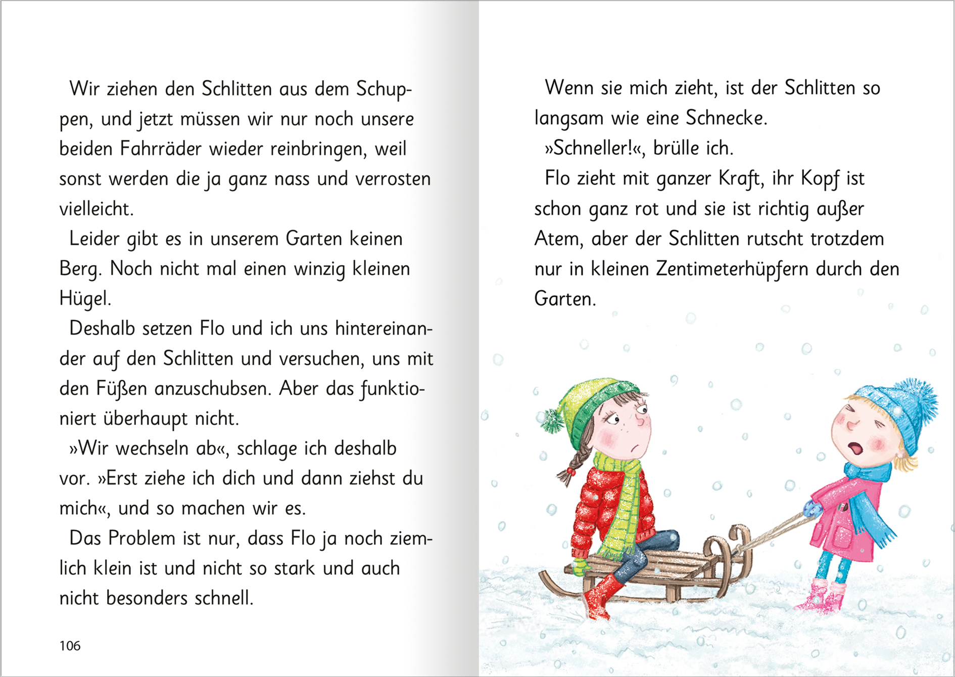 Gezeigt wird eine Innen- oder Zusatzansicht von „Ziemlich beste Schwestern – Mit Karacho in den Winter“. Die Seite zeigt zwei Mädchen im Winter. Die Farbpalette ist frisch und lebhaft, dominiert von kühlen Wintertönen in Blau und Weiß. Der Text ist in einer gut lesbaren, klaren Schriftart gehalten.
