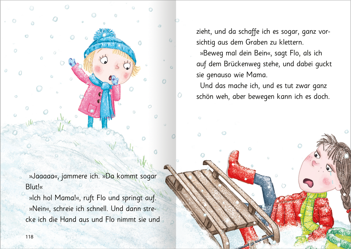 Gezeigt wird eine Innen- oder Zusatzansicht von „Ziemlich beste Schwestern – Mit Karacho in den Winter“. Die Illustration zeigt zwei Kinder im Schnee. Die Farben sind hell und freundlich. Der Text ist in einer gut lesbaren, klaren Schriftart gehalten.