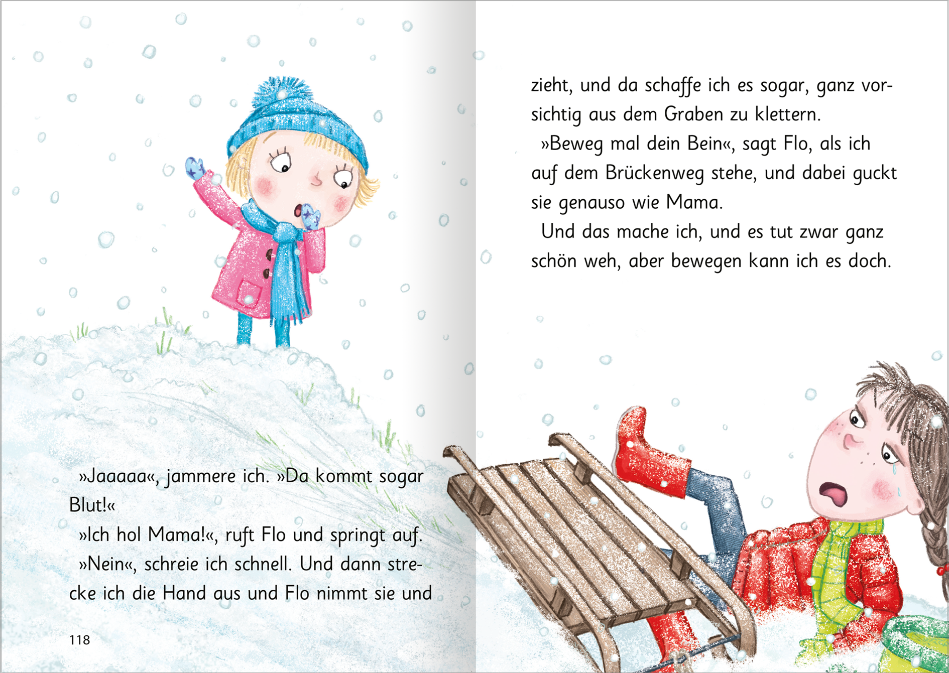 Gezeigt wird eine Innen- oder Zusatzansicht von „Ziemlich beste Schwestern – Mit Karacho in den Winter“. Die Illustration zeigt zwei Kinder im Schnee. Die Farben sind hell und freundlich. Der Text ist in einer gut lesbaren, klaren Schriftart gehalten.