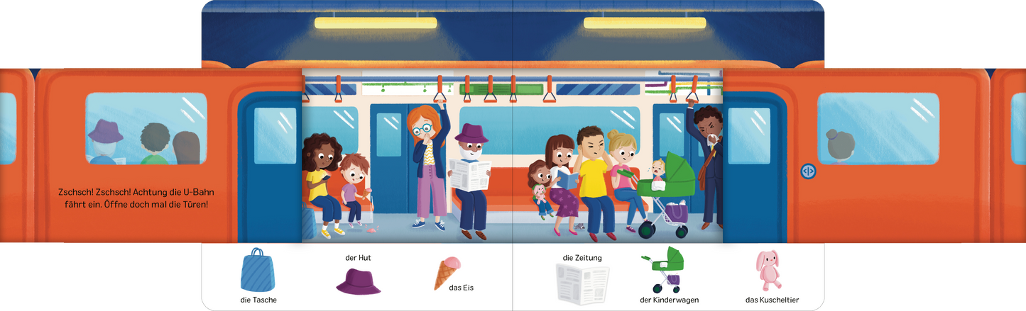 Gezeigt wird eine Innenansicht von „Schau rein! Was ist denn hier los?“. Die Illustration zeigt eine bunte U-Bahn mit mehreren Personen unterschiedlichen Alters und verschiedener Hautfarben. Vorwiegend hellblaue und orange Farben dominieren die Szene, während farbenfrohe Kleidung der Figuren auffällt. Einzelne Elemente wie eine Tasche, ein Hut und ein Eis sind in kleinen Kästchen am unteren Rand abgebildet. Die Typografie ist kindgerecht und fördert die visuelle Ansprache.