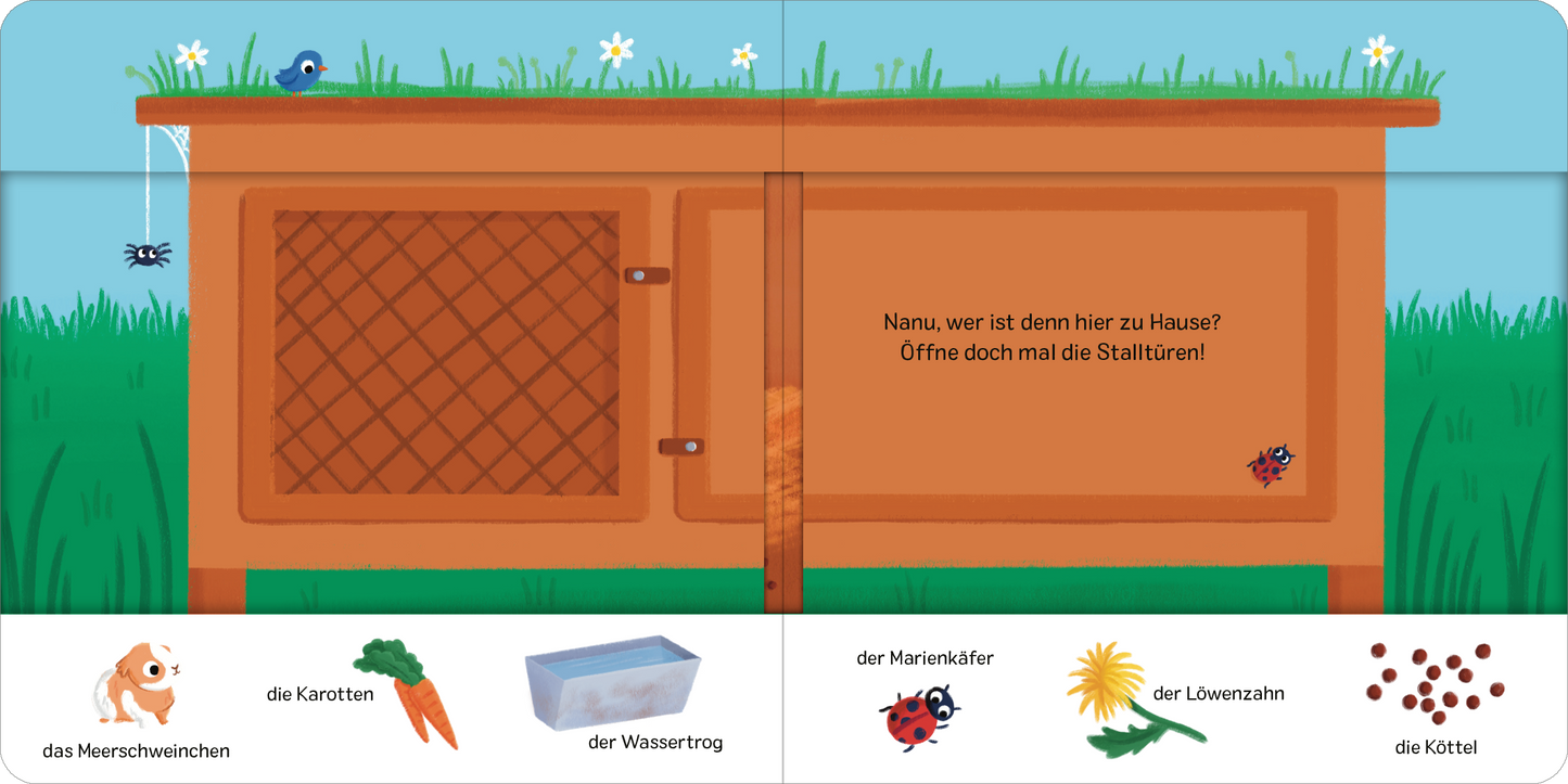 Gezeigt wird eine Innen- oder Zusatzansicht von „Schau rein! Was ist los auf dem Bauernhof?“. Die Illustration zeigt einen Stall mit einem braunen Holztor, das ein Rautenmuster aufweist. Darüber befindet sich ein farbenfroher, grüner Himmel mit blauen Vögeln und einer Wiese. Links sind verschiedene Bauernhofelemente abgebildet: ein Schweinchen, Karotten, ein Wassernapf, ein Marienkäfer, Löwenzahn und die Geschenke der Tiere (Kot). Der Text fordert dazu auf, die Stalltüren zu öffnen,...
