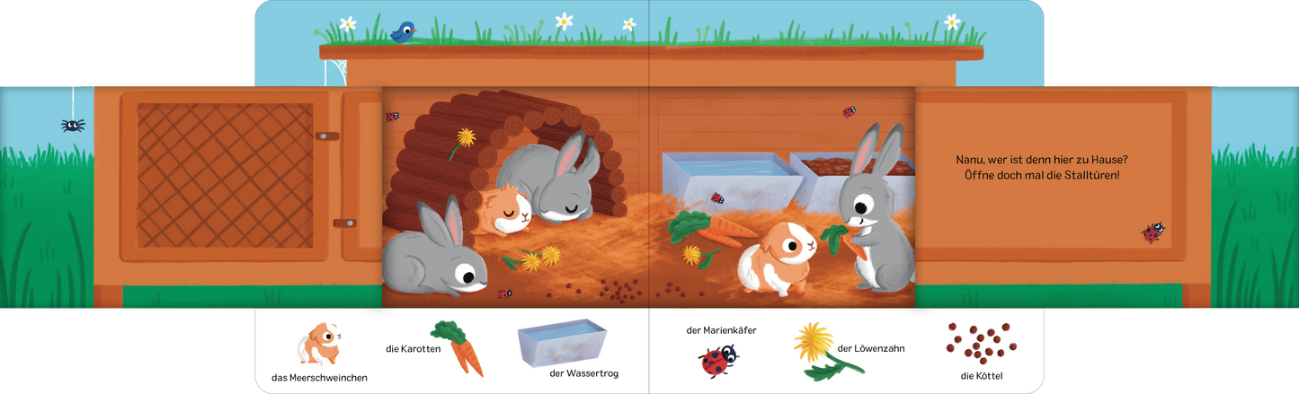 Gezeigt wird eine Innen- oder Zusatzansicht von „Schau rein! Was ist los auf dem Bauernhof?“. Die Illustration zeigt eine lebendige Szene mit mehreren Kaninchen in einem Holzgehege. Die Farbpalette besteht aus sanften Erdtönen, fröhlichem Grün und bunten Akzenten. In der Mitte sitzt ein kaninchenförmiger Charakter, umgeben von Gemüse und anderen Spielzeugen. Der Text ist in klarer, großer Schrift gehalten und enthält einfache Symbole, die die Handlung unterstützen.