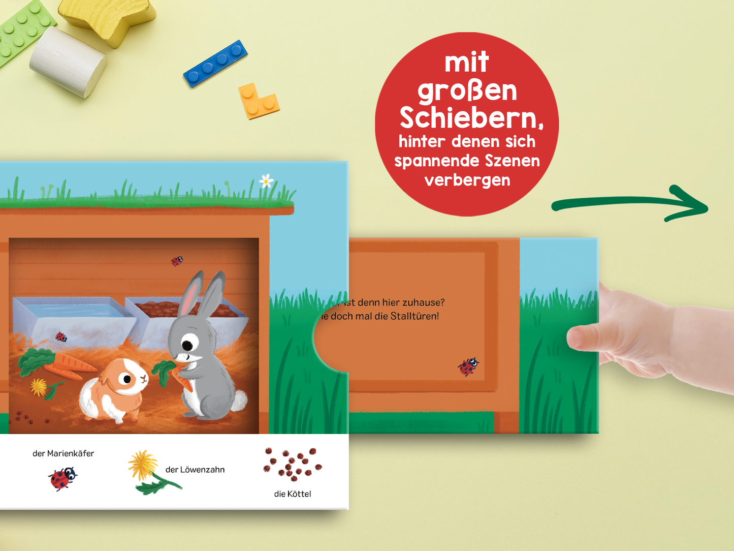 Gezeigt wird eine Innen- oder Zusatzansicht von „Schau rein! Was ist los auf dem Bauernhof?“. Der farbenfrohe Hintergrund zeigt eine grüne Wiese mit auffälligen Tieren, darunter ein Hase und ein Kaninchen, die vor einer Holzkiste stehen. Oberhalb der Szene befindet sich ein roter, kreisförmiger Text, der auf die Schiebeelemente hinweist. Darunter sind klar lesbare, simple Illustrationen von verschiedenen Elementen wie Käfer und Köttel, umrahmt von einer sanften, freundlichen...
