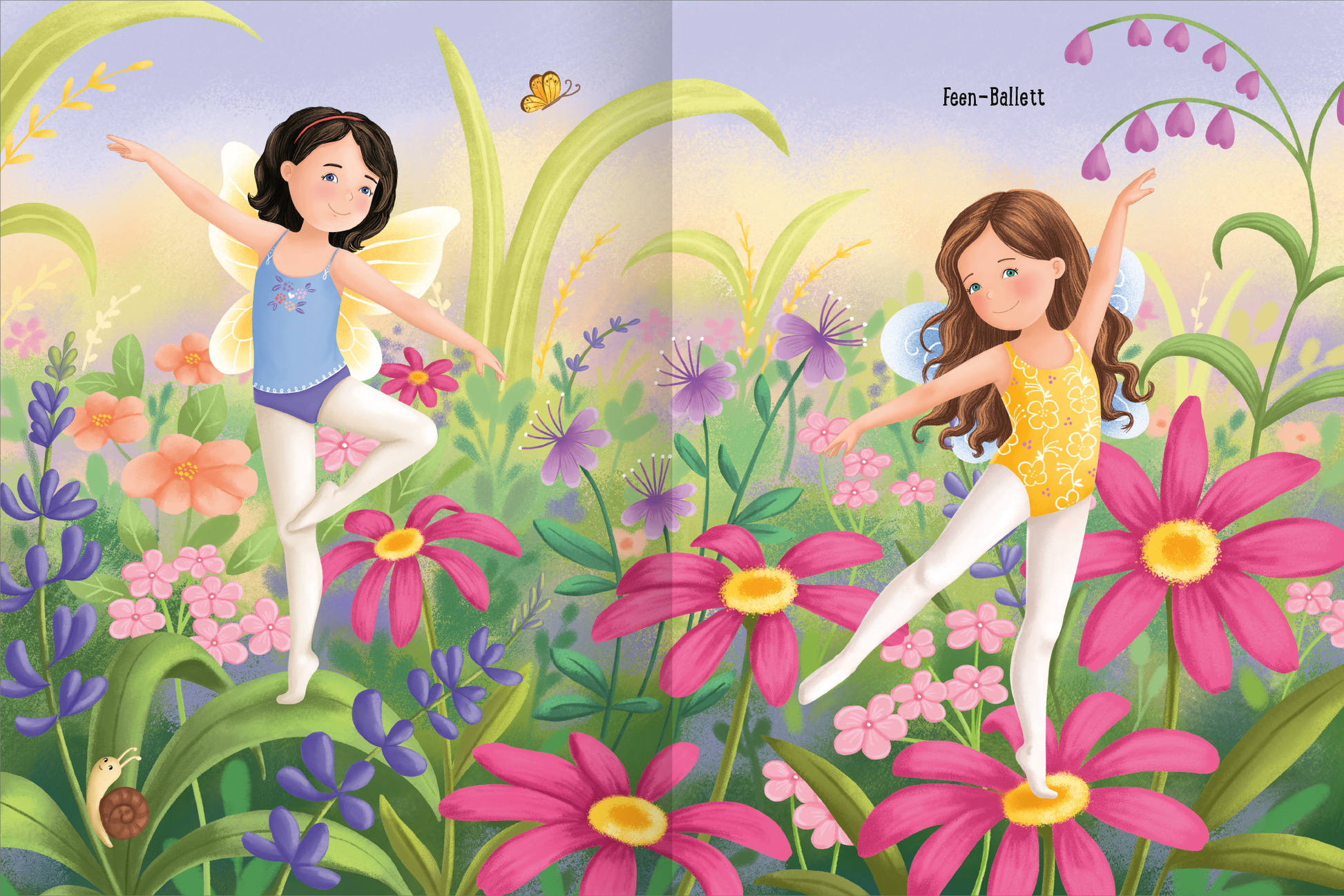 Gezeigt wird eine Innen- oder Zusatzansicht von „Erstes Stickern Anziehpuppen – Ballett“. Auf der Illustration tanzen zwei Mädchen im Ballettoutfit zwischen bunten Blumen. Die linke Figur trägt einen blauen Body, die rechte einen gelben. Beide haben zarte Flügel und weiße Strumpfhosen. Die Szene ist in sanften Pastellfarben gehalten, mit leuchtenden pinken, lila und gelben Blumen, umgeben von lebendigem Grün und einem hellen Himmel. Die Schriftart ist verspielt und kindgerecht.