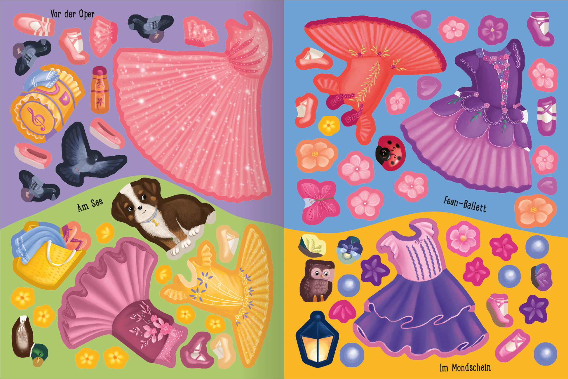 Gezeigt wird eine Innen- oder Zusatzansicht von „Erstes Stickern Anziehpuppen – Ballett“. Die Seite zeigt verschiedene Aufkleber mit bunten Kleidungsteilen, darunter Ballettkleider und Accessoires. Die Farben sind lebendig, vorwiegend Rosa, Lila und Gelb, mit Details wie Glitzer und Blumenmotiven. Die Typografie ist verschnörkelt und kindgerecht, mit den Beschriftungen „Vor der Oper“, „Am See“, „Feen-Ballett“ und „Im Mondschein“ auf unterschiedlichen Hintergrundfarben.