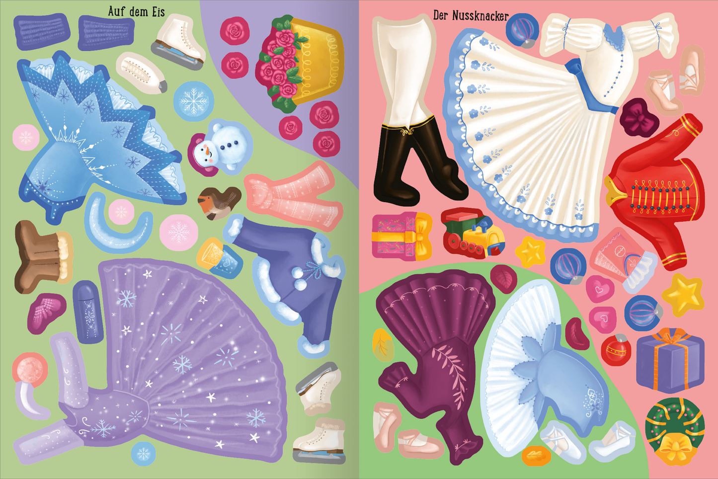 Gezeigt wird eine Innen- oder Zusatzansicht von „Erstes Stickern Anziehpuppen – Ballett“. Die Abbildung zeigt zwei Spielsets mit verschiedenen Ballettkostümen und Zubehör. Auf der linken Seite sind schicke Eiskunstlauf-Outfits in Blau und Lila sowie passende Accessoires zu sehen, während auf der rechten Seite Ballettkleider in Weiß und Rot und weitere festliche Elemente abgebildet sind. Die Farben sind lebhaft und einladend, und die typografischen Elemente heben die Titel „Auf dem...