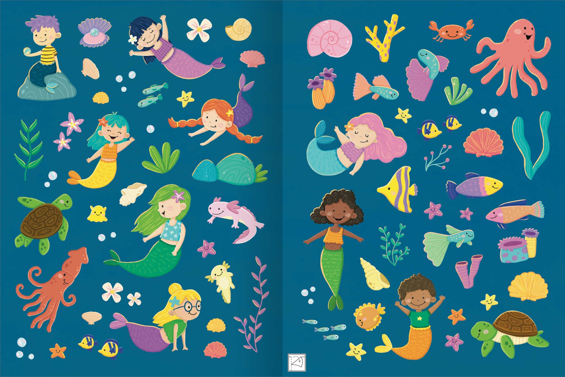 Gezeigt wird eine Innen- oder Zusatzansicht von „Erstes Stickern Metallic – Meerjungfrauen“. Die Abbildung zeigt eine bunte Ansammlung von Meerjungfrauen und Unterwasserlebewesen auf einem tiefblauen Hintergrund. Zu sehen sind Meerjungfrauen in verschiedenen Hauttönen mit unterschiedlichen Haarfarben, die fröhlich posieren. Ergänzt werden sie von Farbenfrohen Fischen, Schalentieren, Seesternen und Algen.