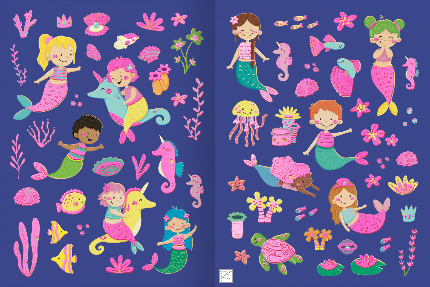 Gezeigt wird eine Innen- oder Zusatzansicht von „Erstes Stickern Metallic – Meerjungfrauen“. Die bunte Illustration zeigt verschiedene Meerjungfrauen mit unterschiedlichen Hauttönen und Haarfarben, umgeben von bunten Meeresbewohnern wie Seepferdchen und Quallen. Die Hauptfarbe der Sticker ist ein kräftiges Pink, das durch den dunkellila Hintergrund heraussticht. Zudem sind florale und maritime Elemente dargestellt.