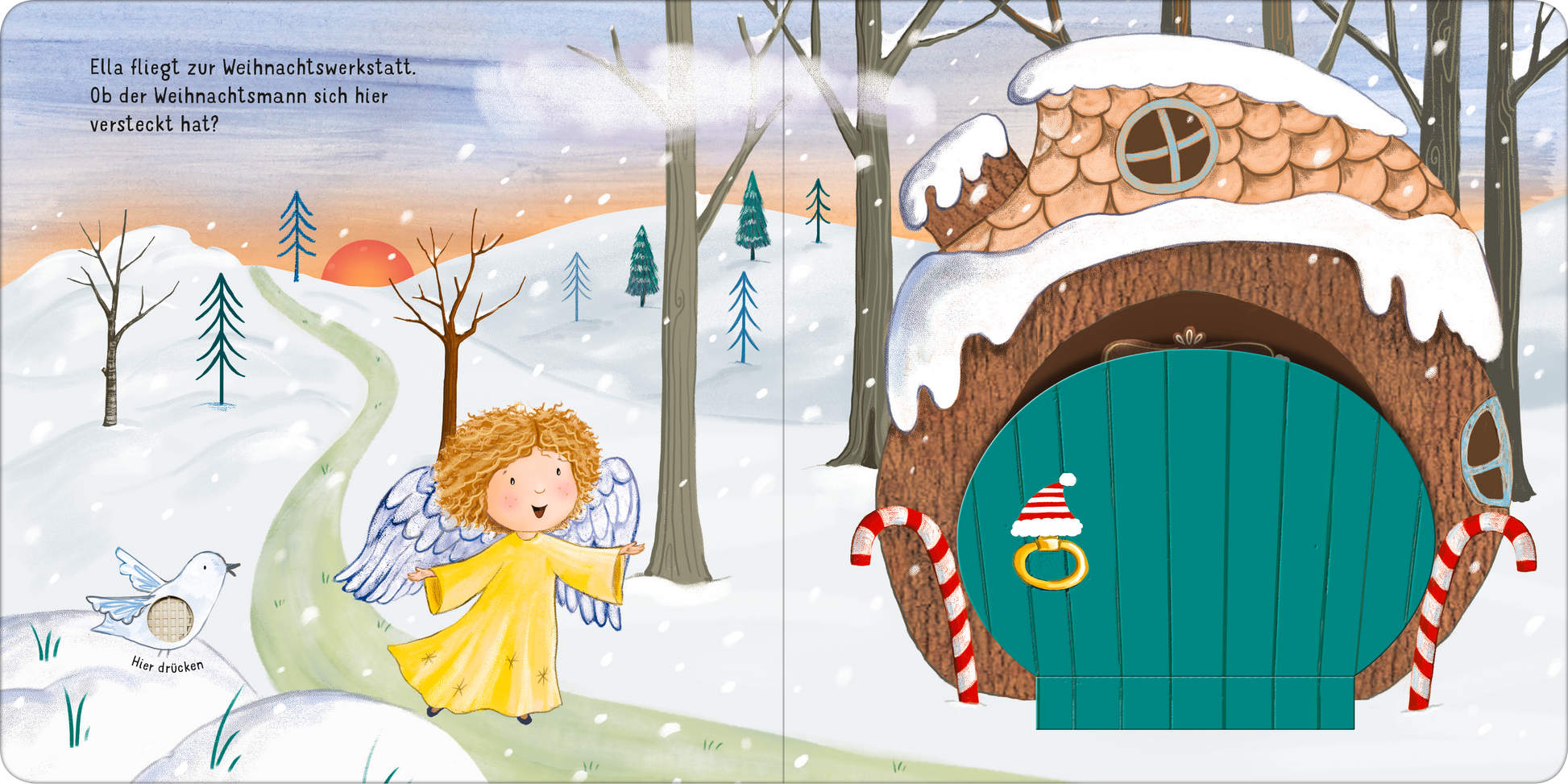 Gezeigt wird eine Innen- oder Zusatzansicht von „Klopf, klopf! Bald ist Weihnachten!“. Auf der Darstellung fliegt ein Engel mit goldenen Locken und einem gelben Kleid durch eine verschneite Landschaft. Im Hintergrund ist eine winterliche Szenerie mit Bäumen und einem Sonnenuntergang in sanften Orange- und Gelbtönen. Eine weihnachtliche Hütte mit einem großen, grünen Holzportal und einem schneeweißen Dach steht im Vordergrund. Die Typografie ist kindgerecht, verspielt und klar lesbar.