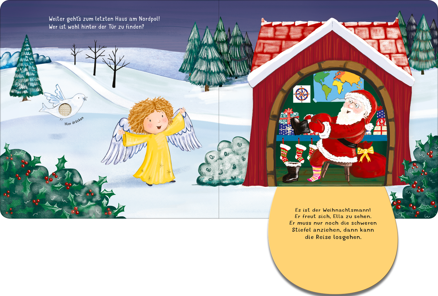 Gezeigt wird eine Innen- oder Zusatzansicht von „Klopf, klopf! Bald ist Weihnachten!“. Die Szene zeigt einen verschneiten Winterwald mit einer roten Holzhütte im Vordergrund. Vor der Hütte sitzt der Weihnachtsmann, der fröhlich arbeitet. Neben ihm steht ein Engel mit gelocktem, goldenem Haar und weißen Flügeln. Die Farbpalette umfasst sanfte, winterliche Töne mit hellblauem Himmel und grünen Tannenbäumen. Die typografische Gestaltung ist spielerisch und farbenfroh, um die...