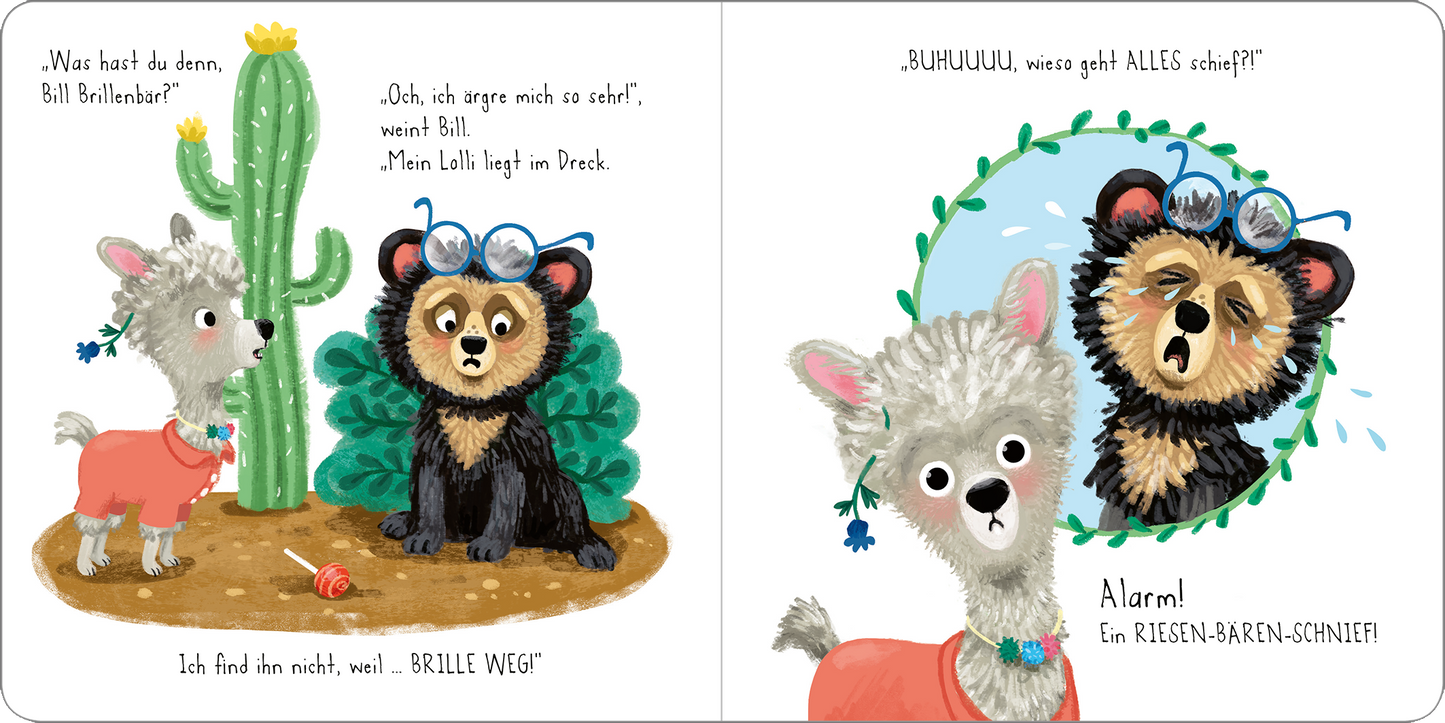 Gezeigt wird eine Innen- oder Zusatzansicht von „Schon wieder Drama mit dem Lama!“. Die Illustration zeigt eine humorvolle Szene mit einem Lama und einem Bären. Das Lama hat eine graue Fellfarbe und trägt eine pinke Jacke, während der Bär schwarze und braune Farben hat und eine Brille trägt. Im Hintergrund ist ein grüner Kaktus zu sehen. Die Schrift ist eine verspielte, handschriftliche Typografie, die die Dialoge der Charaktere wiedergibt, und ist in bunten Farben gestaltet.