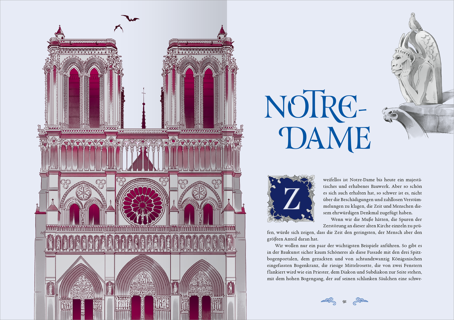 Gezeigt wird eine Innen- oder Zusatzansicht von „Biblioteca Obscura: Der Glöckner von Notre-Dame“. Die Darstellung zeigt die faszinierende Fassade der Notre-Dame kathedrale in zarten Grau- und Rosatönen, umrahmt von stilisierten architektonischen Details. Die Überschrift „NOTRE-DAME“ hebt sich in einer eleganten, blauen Schrift ab. Darunter beginnt der Text mit einem dekorativen Buchstaben „Z“, der in einem tiefen Blau eingefasst ist. Die Gestaltung vermittelt eine harmonische...