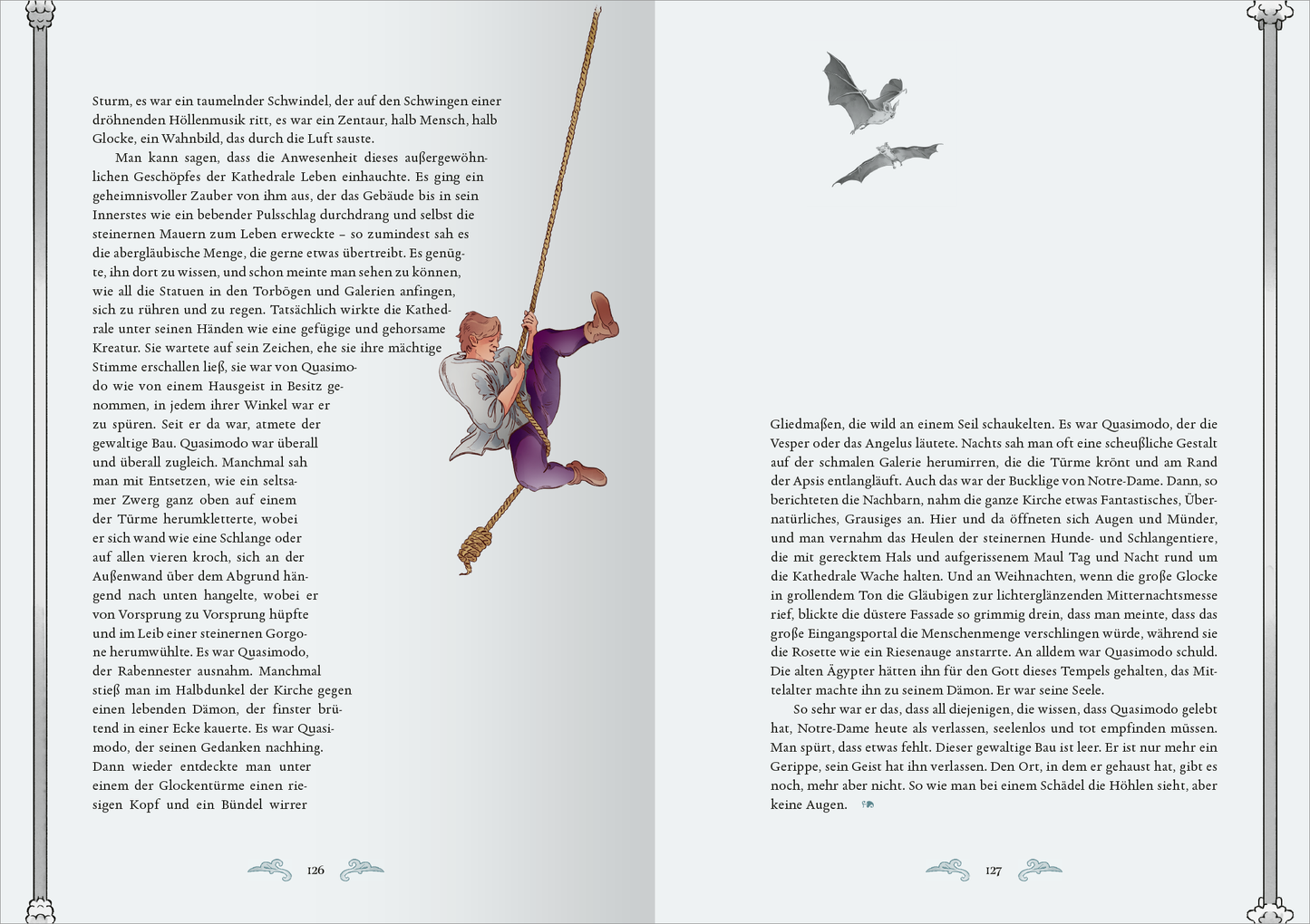 Gezeigt wird eine Innen- oder Zusatzansicht von „Biblioteca Obscura: Der Glöckner von Notre-Dame“. Die Seite ist in sanften, grauen und lila Tönen gehalten. Auf der linken Seite sieht man eine illustrierte Figur eines Jungen, der an einem Seil schwingt. Die Schrift ist gut lesbar und harmoniert mit der sanften Farbgebung. Auf der rechten Seite sind elegante, grafische Elemente und fliegende Fledermäuse abgebildet, die dem Design eine mystische Note verleihen.