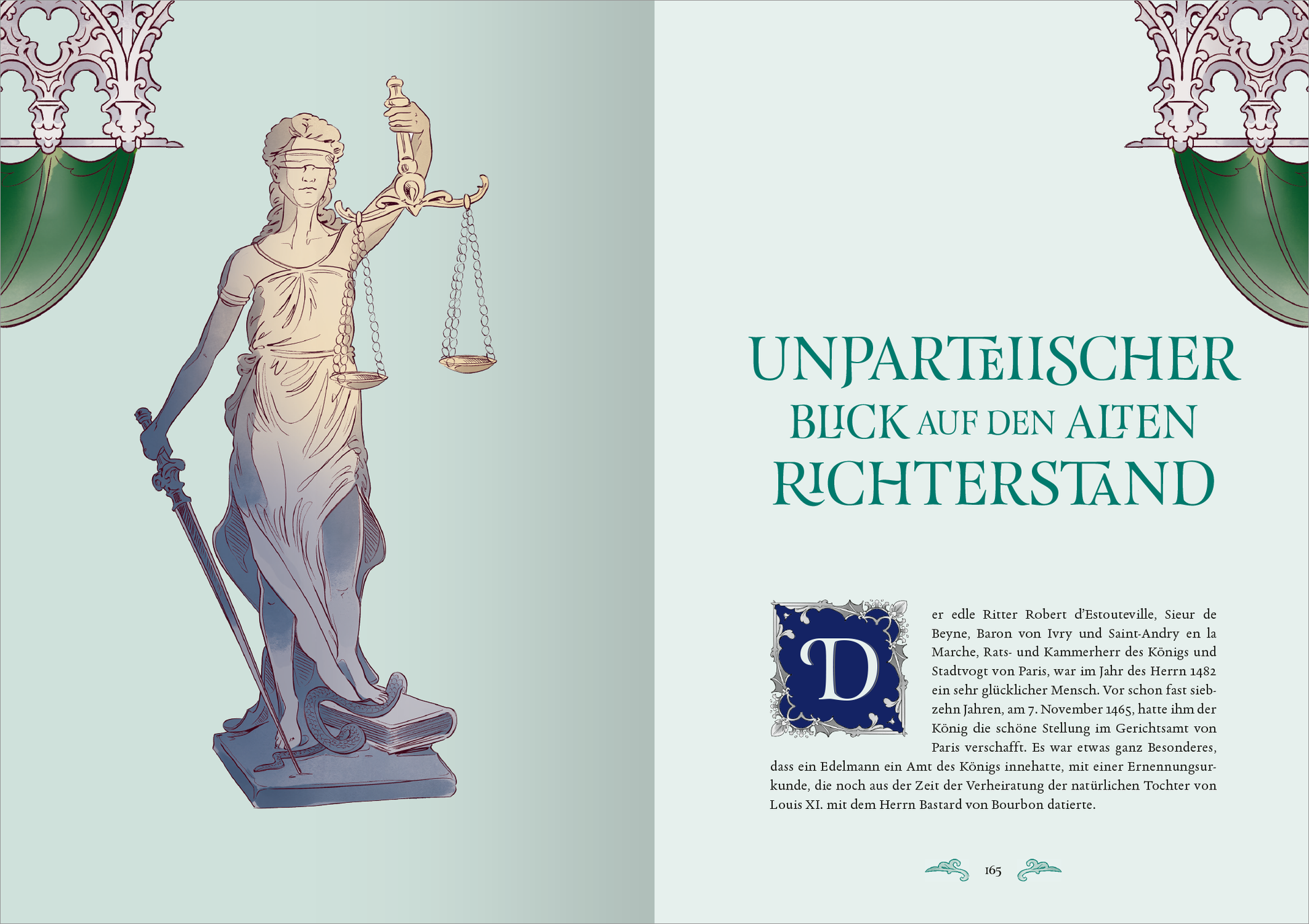 Gezeigt wird eine Innen- oder Zusatzansicht von „Biblioteca Obscura: Der Glöckner von Notre-Dame“. Die Seite zeigt eine stilisierte Darstellung der Justitia mit Schwert und Waage. Im Hintergrund sind sanfte Grün- und Türkistöne zu sehen. Der Text ist in einer eleganten, serifenbetonten Schriftart gehalten und hebt den Titel „UNPARTEIISCHER BLICK AUF DEN ALTEN RICHTERSTAND“ deutlich hervor. Die Gesamtkomposition vermittelt ein klassisches und harmonisches Layout.