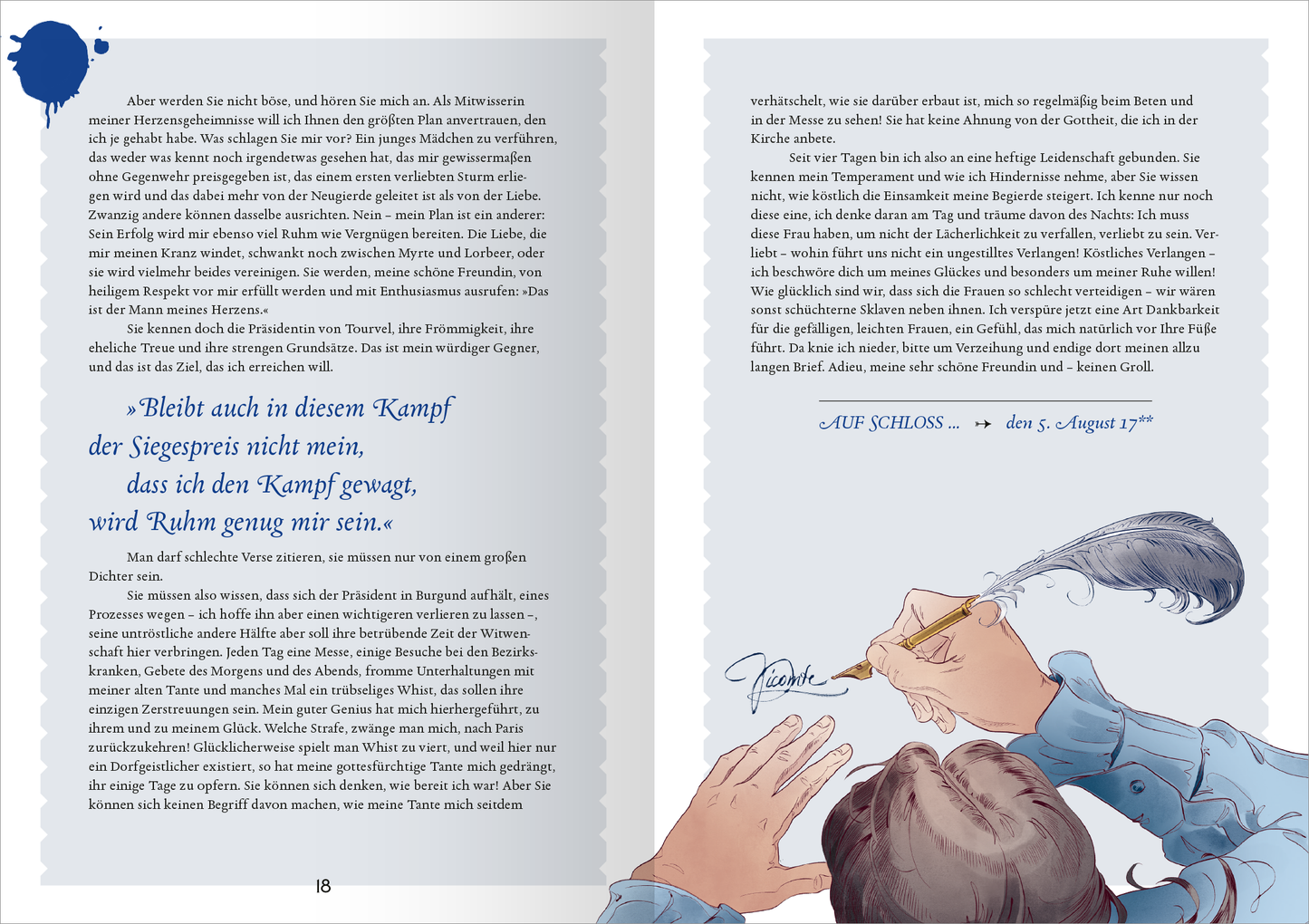 Gezeigt wird eine Innen- oder Zusatzansicht von „Biblioteca Obscura: Gefährliche Liebschaften“. Die Doppelseite ist sanft in cremefarbenen Tönen gehalten, mit einer filigranen, gewellten Rahmenlinie. Links steht ein längerer Text in eleganter Serifenschrift, unterstützt von einer tiefblauen Tinte. Auf der rechten Seite wird eine Hand dargestellt, die mit einer Feder schreibt, umgeben von zarten, blauen Linien. Der Kontrast zwischen den sanften Farben und der dynamischen...