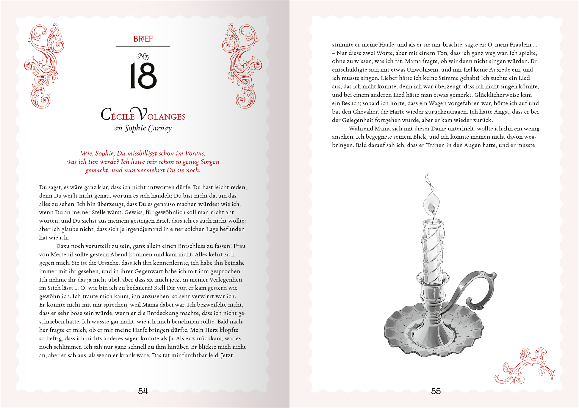 Gezeigt wird eine Innenansicht von „Biblioteca Obscura: Gefährliche Liebschaften“. Auf der linken Seite befindet sich ein Brief mit der Nummer 18, verziert mit kunstvollen, roten Ornamenten. Der Titel „CECILE VOLANGES“ ist groß und elegant in schwarzer Schrift gesetzt. Der Text ist in einer gut lesbaren, klassischen Schriftart gehalten. Auf der rechten Seite sieht man eine detailreiche Illustration eines Kerzenhalters mit einer brennenden Kerze, das harmonisch in die Gesamtgestaltung...