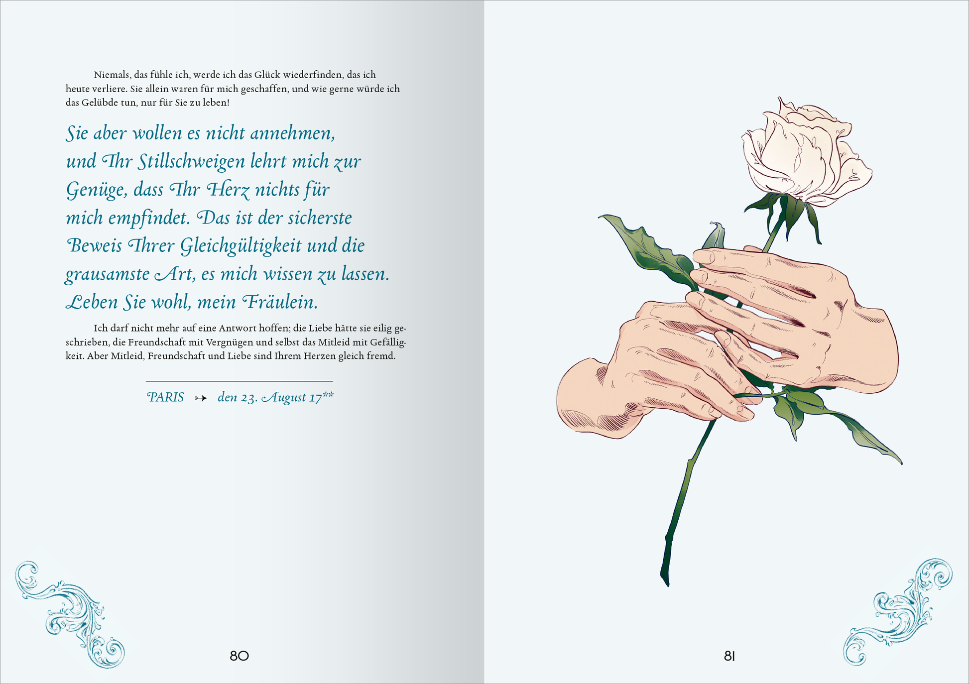 Gezeigt wird eine Innen- oder Zusatzansicht von „Biblioteca Obscura: Gefährliche Liebschaften“. Die Seite präsentiert eine zarte Farbkombination aus sanften Himmelstönen und einem hellen Hintergrund. In der rechten oberen Ecke befindet sich eine stilisierte Zeichnung einer Hand, die eine weiße Rose hält. Links ist ein poetischer Text in geschwungener, mintgrüner Schrift abgedruckt, der romantische und melancholische Themen anspricht. Ornamental verzierte Elemente runden das Design...