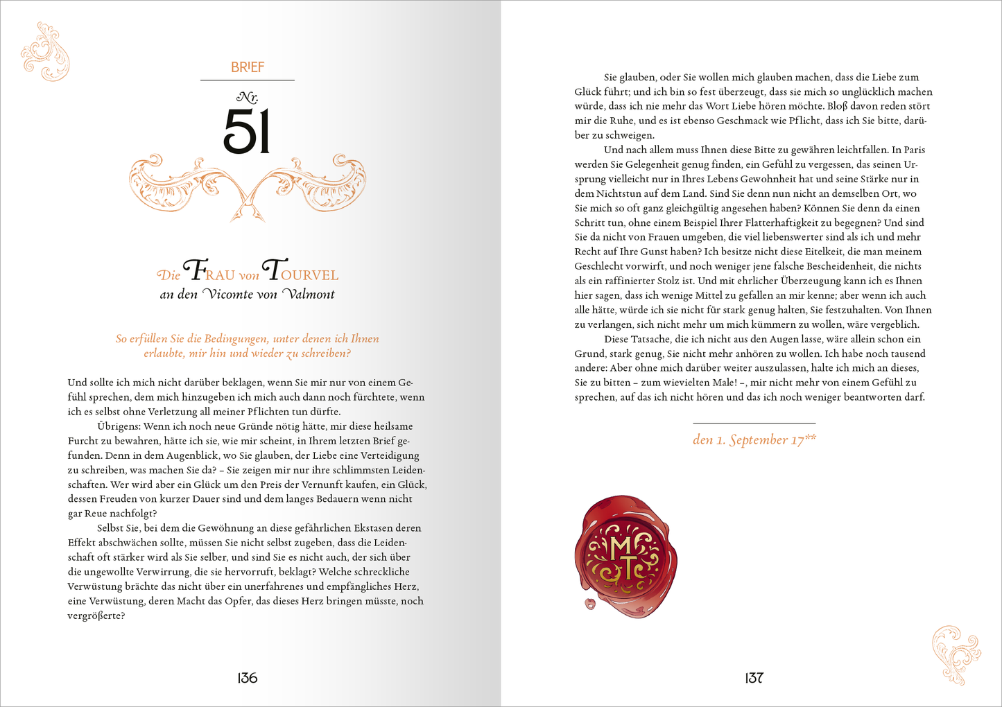 Gezeigt wird eine Innenansicht von „Biblioteca Obscura: Gefährliche Liebschaften“. Die Seite enthält eine elegante, geschwungene Kopfzeile mit der Nummer „51“ und dem Titel „Die Falle von Tourvel“, umgeben von zarten, dekorativen Elementen in warmen, goldenen Tönen. Der Text ist in einer gut lesbaren Serifenschrift gesetzt, wobei die Absätze durch visuelle Trennungen hervorgehoben werden. Auf der rechten Seite ist ein rotes Siegel mit dem aufgedruckten Schriftzug „MS“, das...