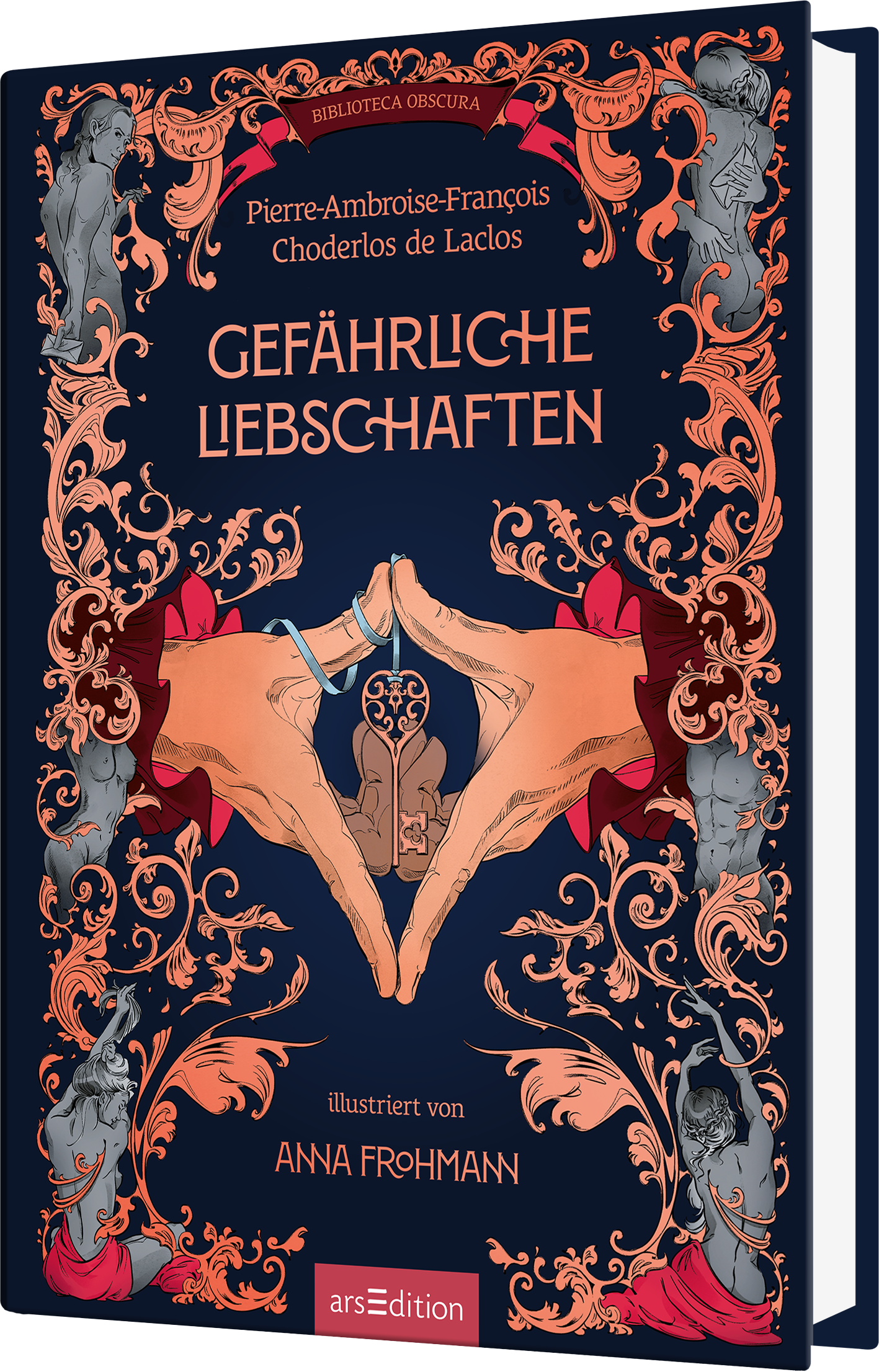 Das Buchcover „Gefährliche Liebeschaften“ zeigt eine dunkle, tiefblaue Hintergrundfarbe, umrahmt von filigranen, roten und goldenen Illustrationen. Zentral sind zwei Hände, die einen Schlüssel halten, umgeben von kunstvoll gestalteten Figuren und Ornamenten. Der Titel ist in großen, leuchtenden Buchstaben geschrieben, während der Name des Autors, Pierre-Ambroise-François Choderlos de Laclos, oben auf dem Cover zu finden ist. Ganz oben prangt der Schriftzug „Biblioteca Obscura“....
