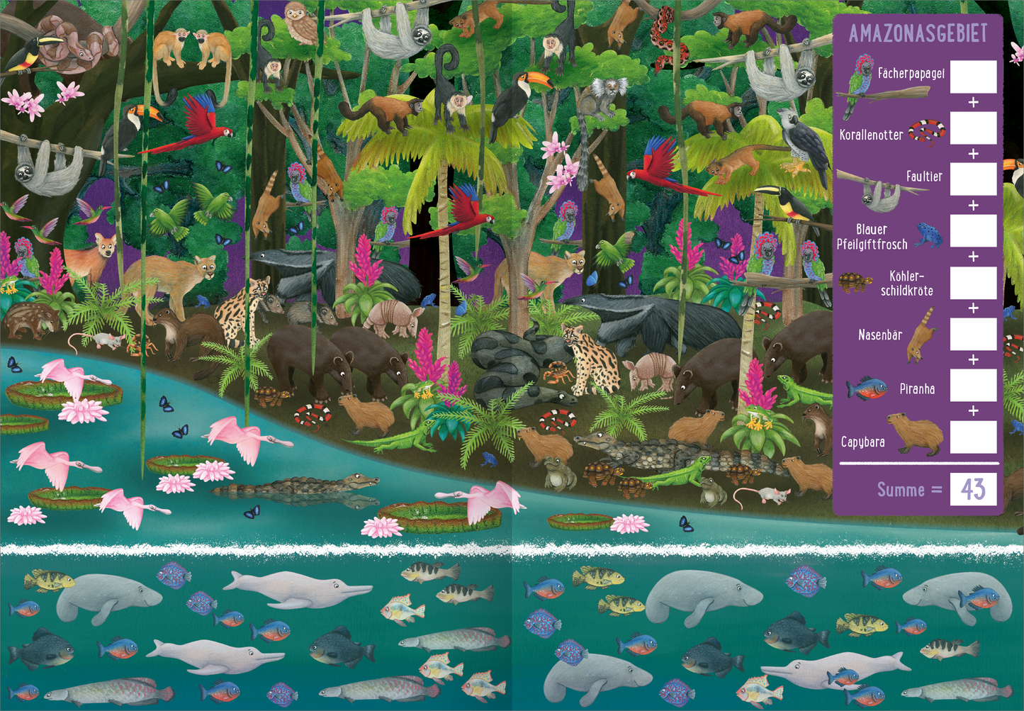 Gezeigt wird eine Innen- oder Zusatzansicht von „Die große Tierzählerei“. Die Illustration zeigt ein Wimmelbild: eine üppige, grüne Dschungellandschaft mit einer Vielzahl von Tieren wie Jaguaren, Affen und Vögeln. Am unteren Rand ist ein Wasserbereich mit verschiedenen Fischen und Wasserlebewesen zu sehen. Auf der rechten Seite befindet sich eine Leiste in Lila mit verschiedenen Tierarten, die sich im Wimmelbild befinden und einem Kasten daneben, in den Zahlen geschrieben werden...
