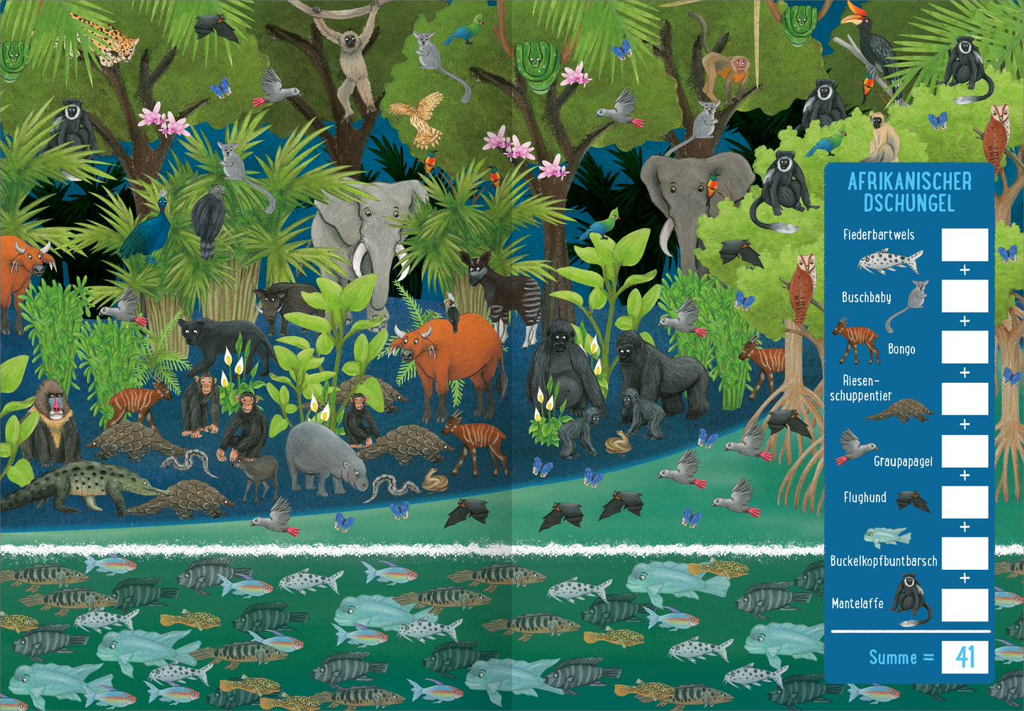 Gezeigt wird eine Innen- oder Zusatzansicht von „Die große Tierzählerei“. Die Illustration zeigt ein Wimmelbild: eine üppige, grüne Dschungellandschaft mit einer Vielzahl von Tieren wie Elefanten, Krokodilen und Affen. Am unteren Rand ist ein Wasserbereich mit verschiedenen Fischen und Wasserlebewesen zu sehen. Auf der rechten Seite befindet sich eine Leiste in Blau mit verschiedenen Tierarten, die sich im Wimmelbild befinden und einem Kasten daneben, in den Zahlen geschrieben werden...