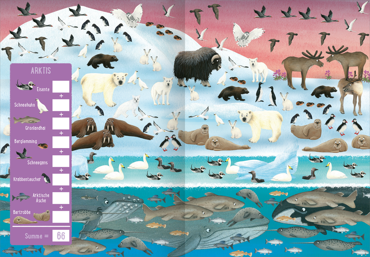 Gezeigt wird eine Innen- oder Zusatzansicht von „Die große Tierzählerei“. Die Illustration präsentiert eine arktische Landschaft mit einer Vielzahl von Tieren, darunter Eisbären, Robben und Vögel. Der Hintergrund ist in sanften Rosa- und Blautönen gehalten, die das Eis und den Himmel darstellen. Links befindet sich eine Leiste mit dem Titel „ARKTIS“, die verschiedene Tiere auflistet, die in dem Wimmelbild gezählt werden und zum Schluss addiert werden sollen. Die Typografie ist...