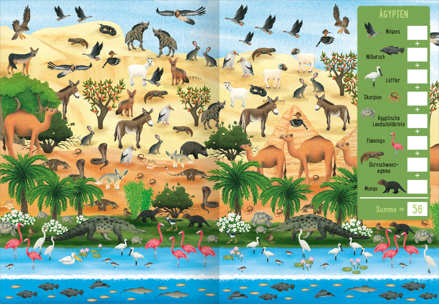 Gezeigt wird eine Innen- oder Zusatzansicht von „Die große Tierzählerei“. Die Illustration zeigt eine bunte Landschaft von Ägypten mit zahlreichen Tieren in verschiedenen Farben, darunter Kamele, Flamingos und verschiedene Vogelarten. Im oberen Teil sind leuchtende Sandtöne zu sehen, während der untere Bereich durch lebendige Grüntöne und ein blauer Wasserfluss geprägt ist. Rechts befindet sich eine Übersichtstafel mit Tierarten und Summenangaben in klarer, freundlicher Typografie.
