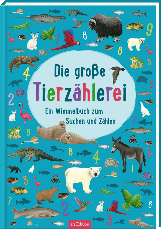 Zu sehen ist die 3D-Ansicht des Titels. Auf dem Cover des Buches „Die große Tierzählerei“ in bunten, kindgerechten Buchstaben steht der Titel in farbigen Lettern auf einem hellblauen Hintergrund. Rund um den Titel sind zahlreiche tierische Illustrationen in lebhaften Farben zu sehen, darunter Vögel, Fische, Säugetiere und Insekten, sowie großformatige Ziffern und ein zusätzlicher Text: „Ein Wimmelbuch zum Suchen und Zählen“. Ganz unten mittig steht der Logoschriftzug von...