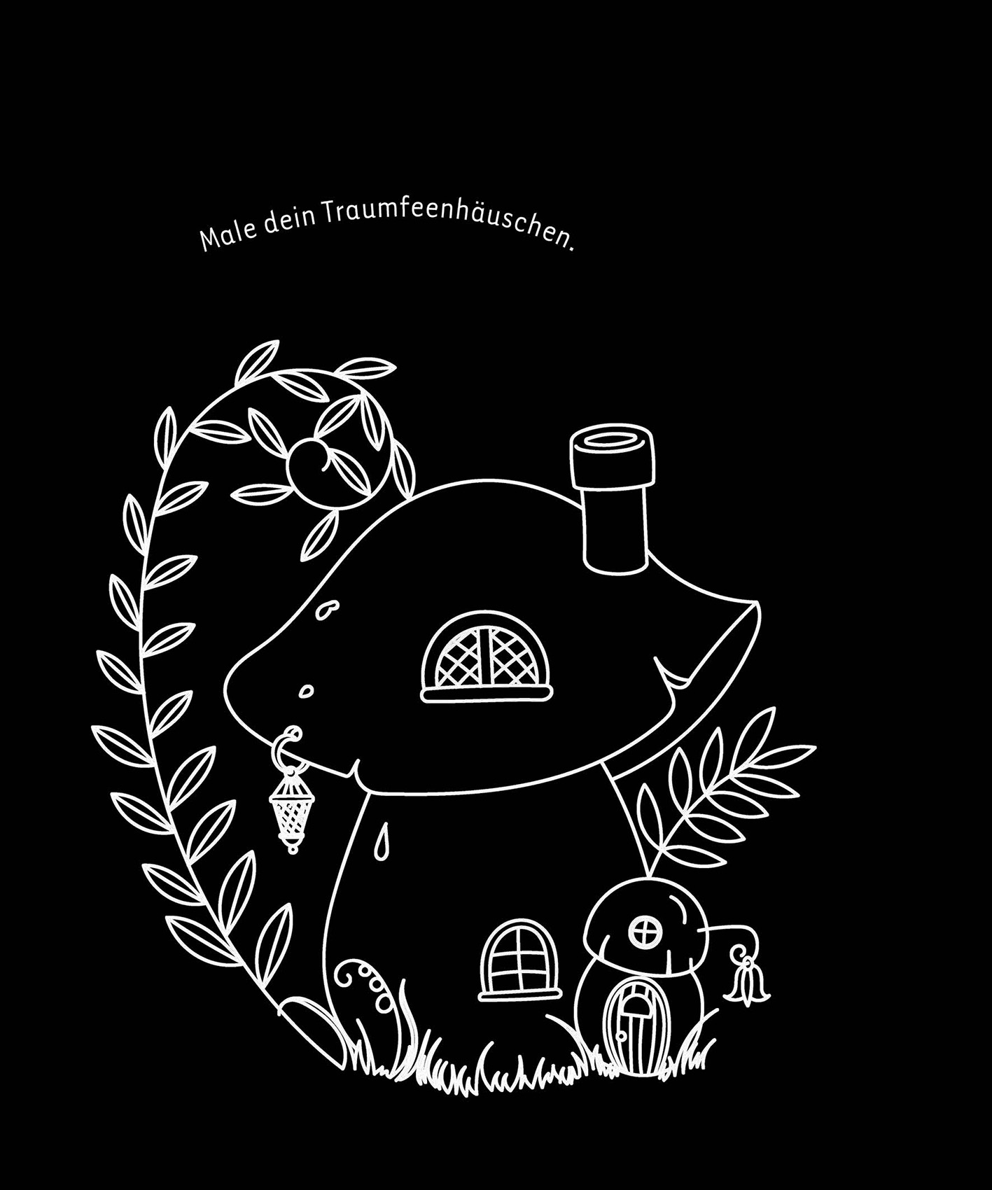 Gezeigt wird eine Innen- oder Zusatzansicht von „Kritzkratz-Spaß Feen“. Die Illustration zeigt ein fantasievolles Feenhaus in Form eines Pilzes, umgeben von geschwungenen Pflanzen und Blumen. Das Design ist in klaren, weißen Linien auf schwarzem Hintergrund gehalten. Oben ist der einladende Text „Male dein Traumfeenhäuschen“ in einer verspielten, geschwungenen Schriftart zu sehen. Die gesamte Komposition vermittelt einen märchenhaften und kreativen Eindruck.