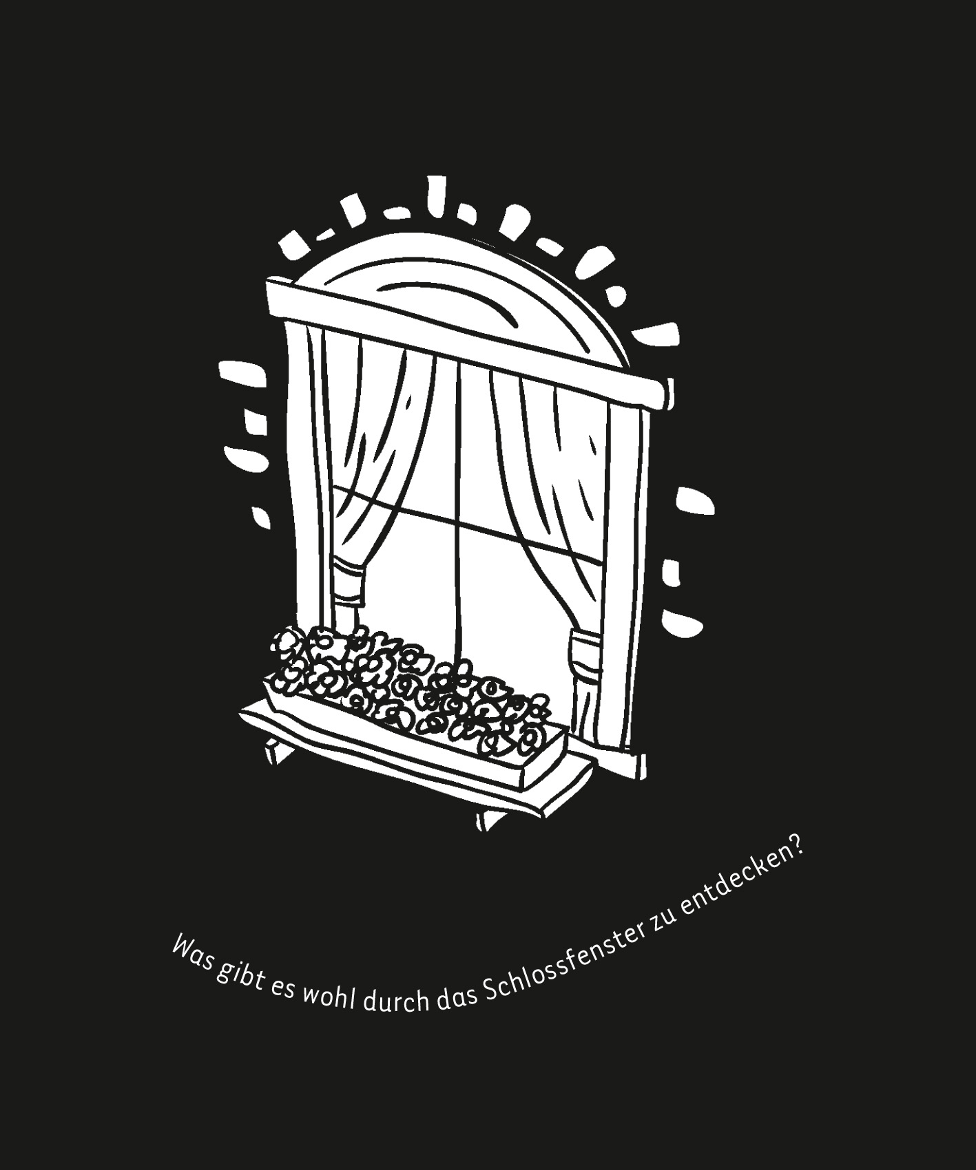 Gezeigt wird eine Innen- oder Zusatzansicht von „Kritzkratz-Spaß Prinzessinnen“. Die Abbildung zeigt ein stilisiertes Fenster mit Vorhängen, das in einem quadratischen Rahmen angeordnet ist. Auf der Fensterbank sind Blumen und Pflanzen dargestellt. Der Hintergrund ist schwarz, was die weißen, handgezeichneten Konturen des Fensters und die Schrift hervorhebt. Der textliche Inhalt „Was gibt es wohl durch das Schlossfenster zu entdecken?“ ist in einer verspielten Schriftart in der...