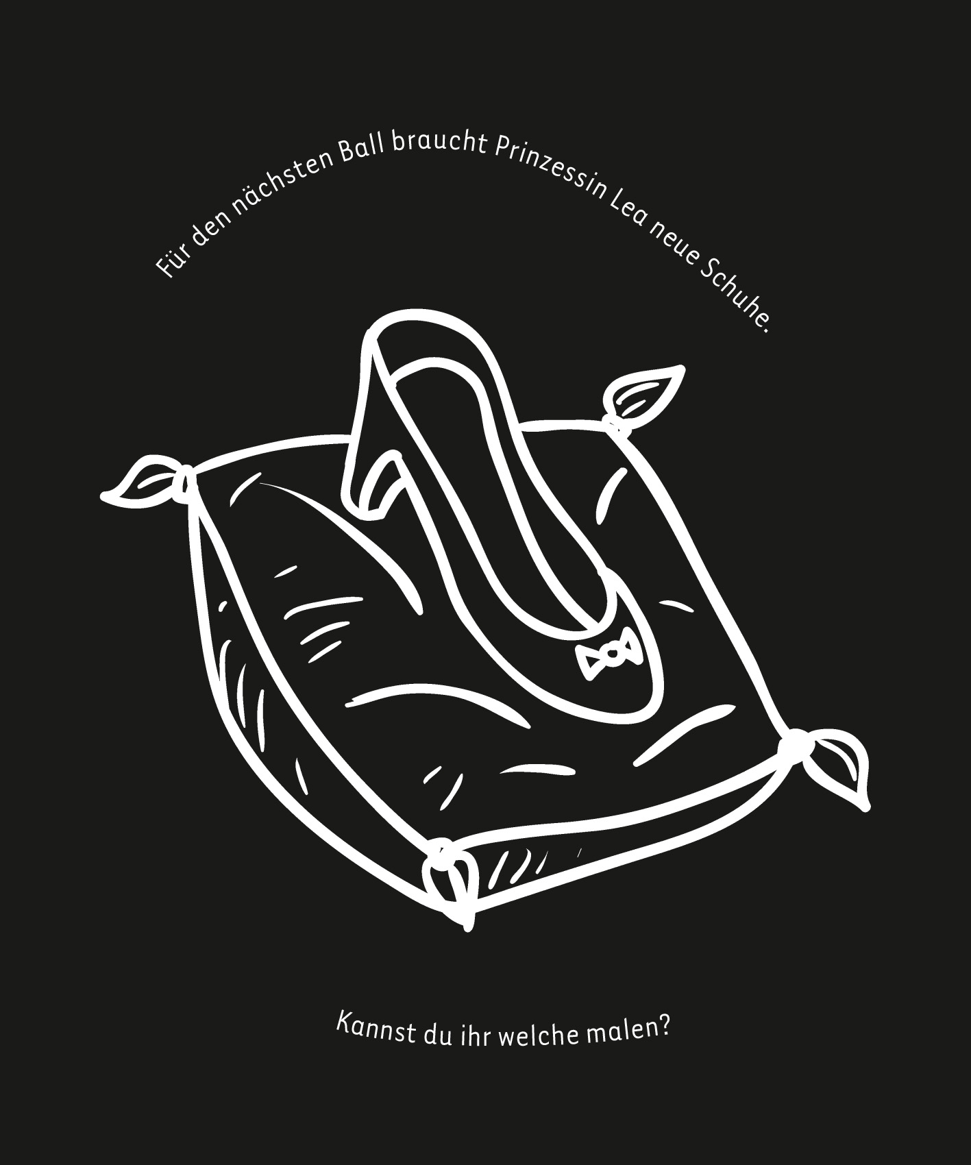 Gezeigt wird eine Innen- oder Zusatzansicht von „Kritzkratz-Spaß Prinzessinnen“. Die Abbildung zeigt einen weißen Schuh mit einer Schleife, der auf einem Kissentablett platziert ist. Der Hintergrund ist schwarz, während die Zeichnung in einer einfachen, handgezeichneten Stilistik gehalten ist. Über dem Schuh stehen in geschwungener Schrift die Fragen: „Für den nächsten Ball braucht Prinzessin Lea neue Schuhe. Kannst du ihr welche malen?“ Die typografische Gestaltung ist verspielt...
