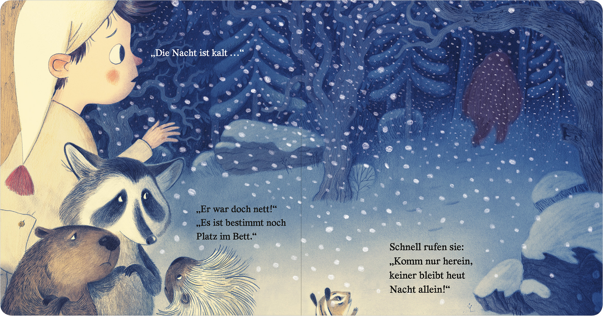 Gezeigt wird eine Innen- oder Zusatzansicht von „Klopf! Klopf! Komm herein, keiner bleibt heut Nacht allein!“. Die Szene zeigt ein kindliches Gesicht, das neugierig in eine schneebedeckte Landschaft blickt. Ein Raccoon und weitere Tierfreunde sind sichtbar. Die Farben sind sanft und überwiegend in Blau- und Weißtönen gehalten, was die kalte Nacht symbolisiert. Die Typografie ist verspielt und kindgerecht, mit Textfragmenten auf der linken Seite, die die gewisse Atmosphäre der Geschichte...