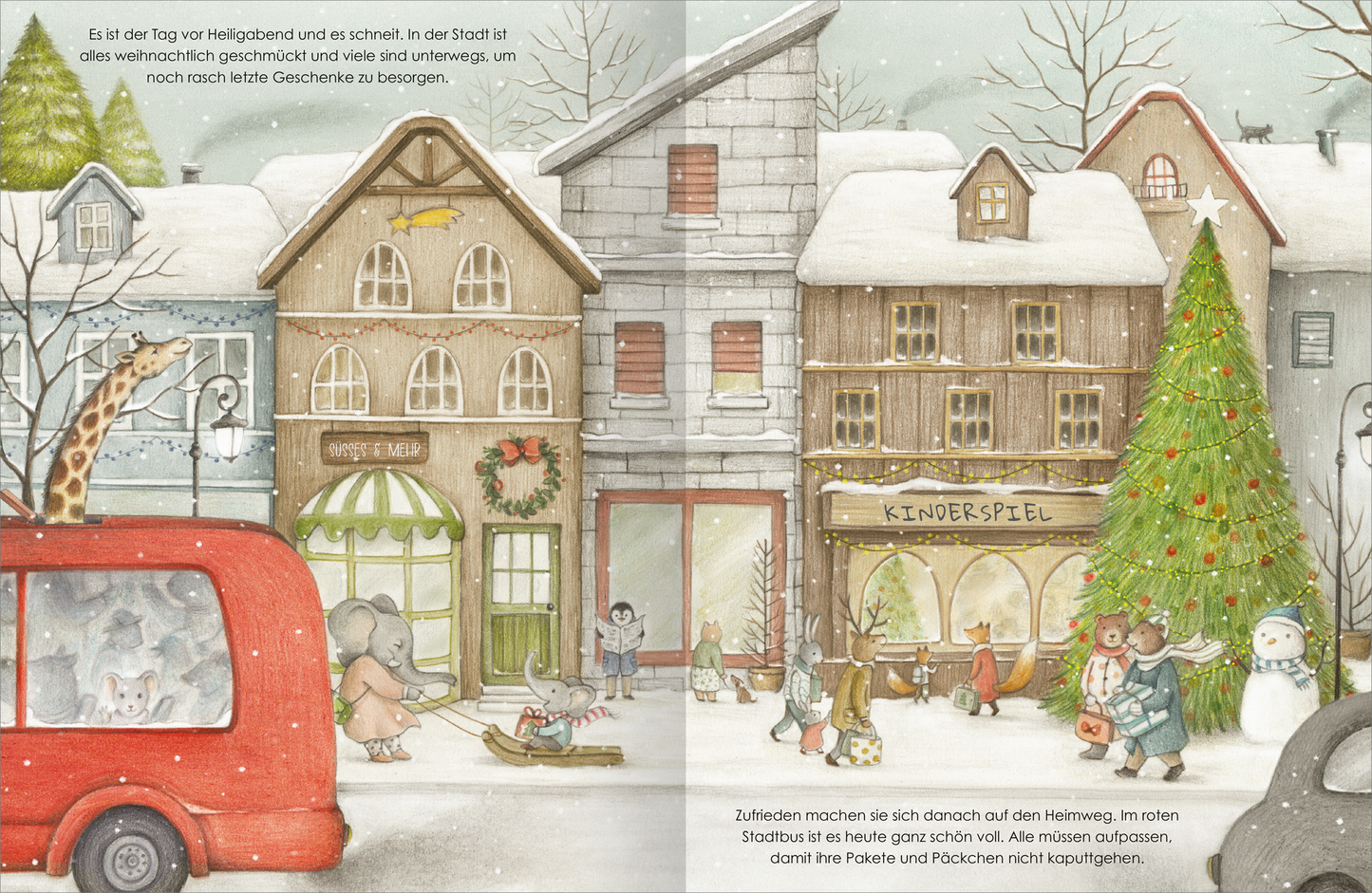 Gezeigt wird eine Innen- oder Zusatzansicht von „Die wahre Magie von Weihnachten“. Die Illustration zeigt eine winterliche Stadtansicht mit schneebedeckten Dächern und festlich dekorierten Gebäuden. Ein roter Weihnachtsbus steht auf der Straße, während verschiedene Tiere beschäftigt sind, Geschenke zu transportieren. Ein großer, geschmückter Weihnachtsbaum steht im Vordergrund, umgeben von fröhlichen Figuren. Die sanften Farben und die verspielte Typografie schaffen eine einladende,...
