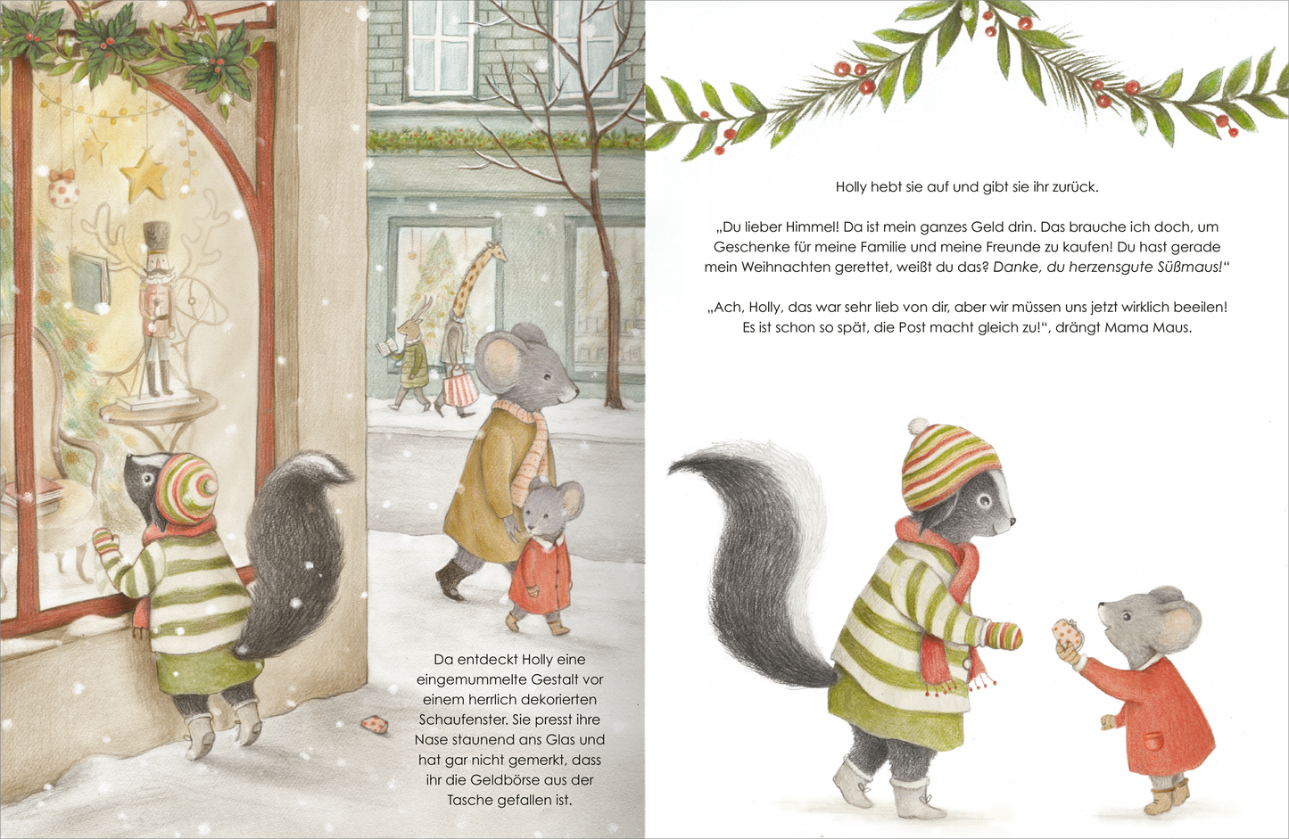Gezeigt wird eine Innen- oder Zusatzansicht von „Die wahre Magie von Weihnachten“. Die Illustration zeigt zwei neugierige Tierfiguren, die vor einem festlich dekorierten Schaufenster stehen. Die linke Seite zeigt festliche Elemente wie einen tanzenden Nussknacker und Sterne. Die Farben sind sanft und durch warme Töne in Gelb, Grün und Rot geprägt. Die Typografie ist klar und kindgerecht, während der Text eine winterliche Stimmung vermittelt und zur Vorfreude auf Weihnachten anregt.